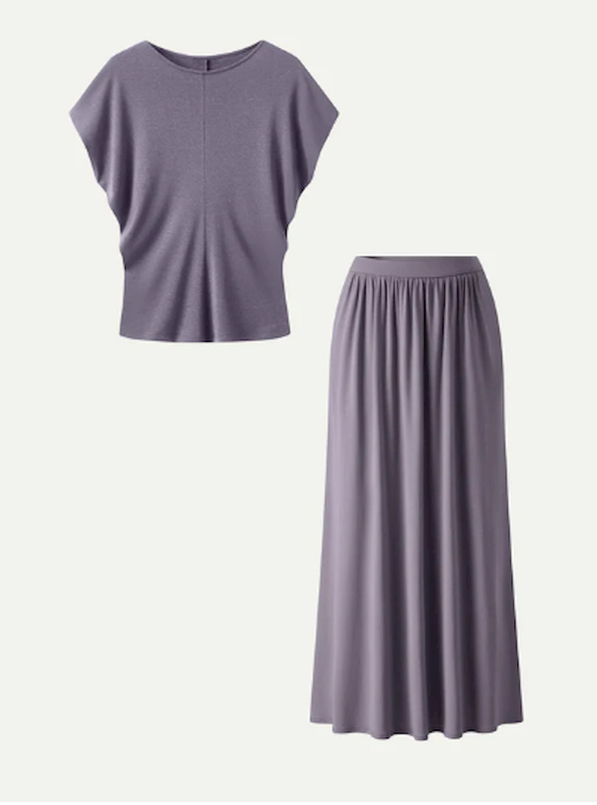 OGL 2Pcs Set Round Neck Top & A-Line Maxi Skirt
