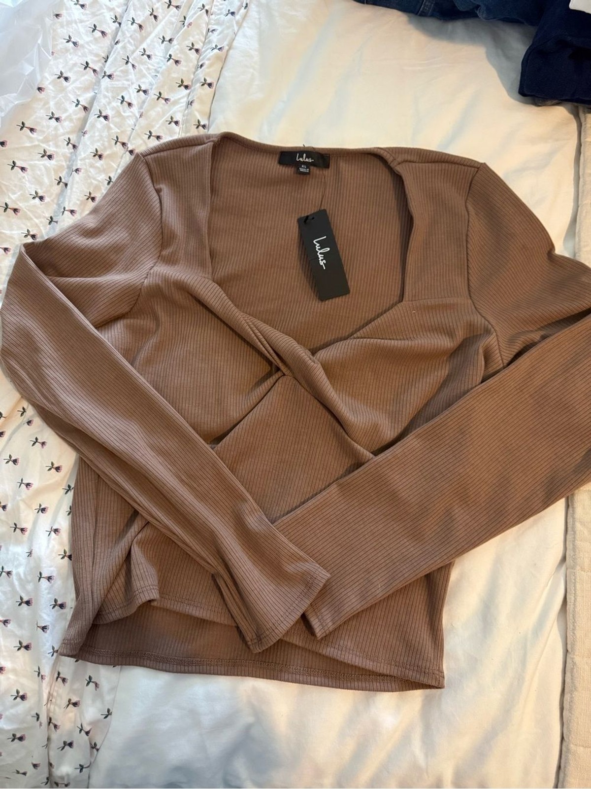 NWT Lulus Mocha Ribbed Twist Front Long Sleeve Top XL Espresso Brown