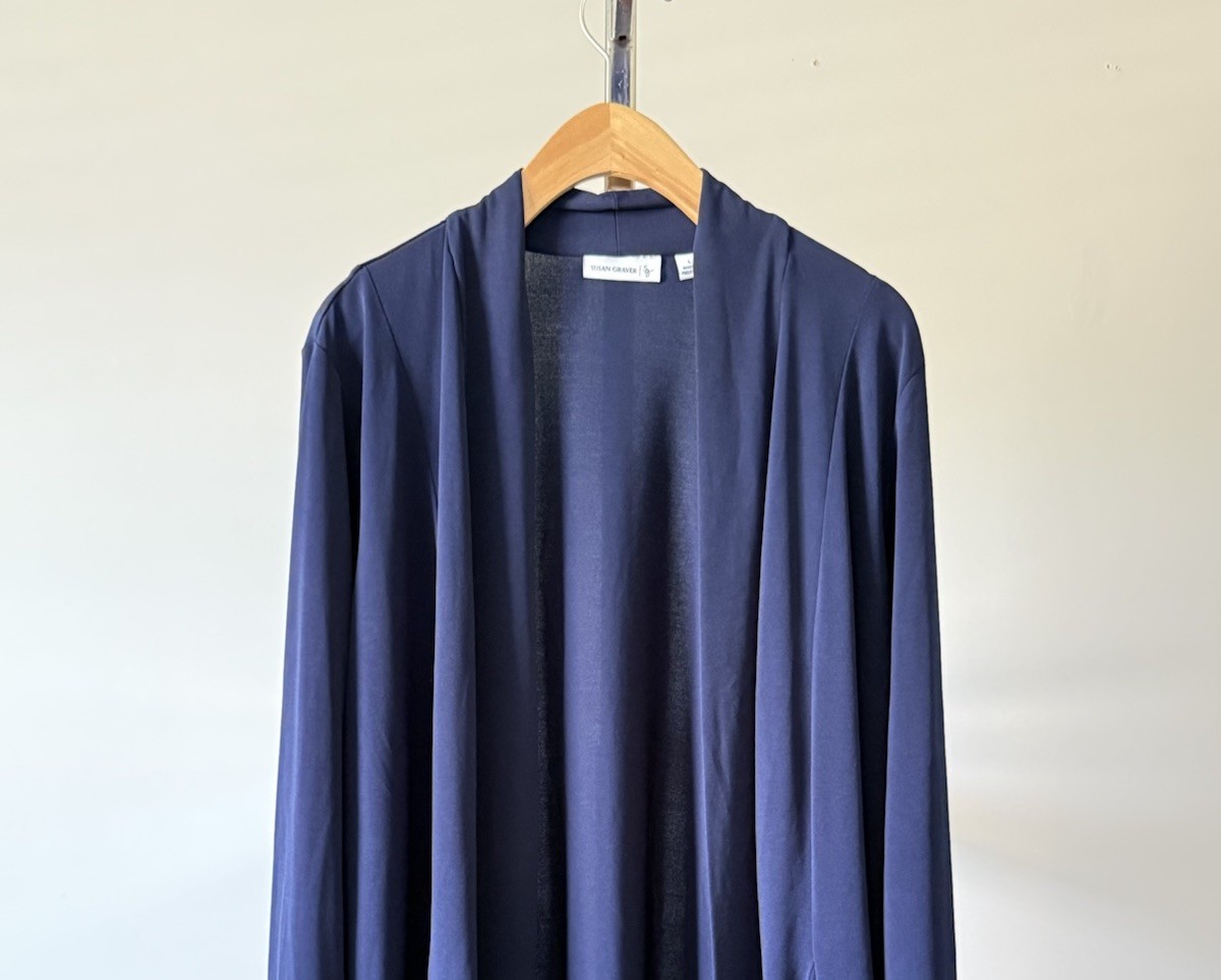Susan Graver Navy Blue Open Front Cardigan Jacket Draped Knit Women’s Size L