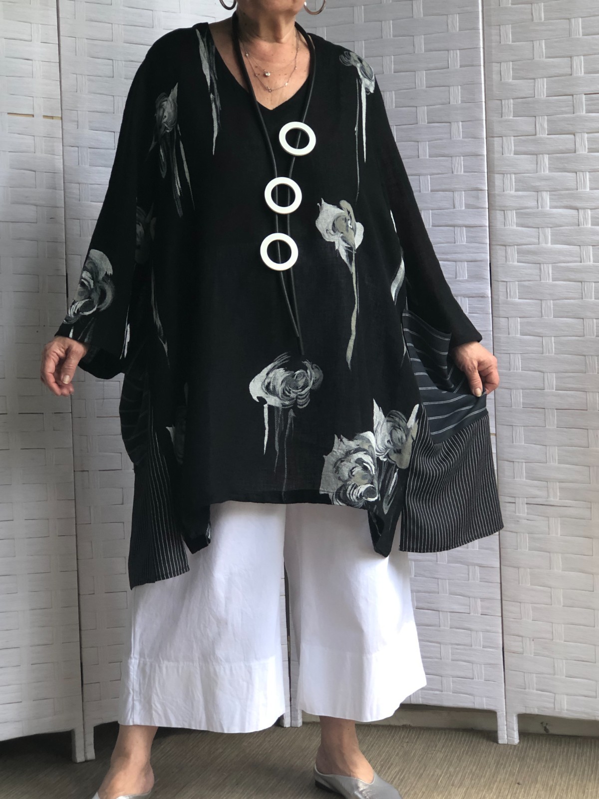 Lagenlook Asymmetric Artsy Boho Upcycle Linen Floral Black Tunic Necklac OSFM