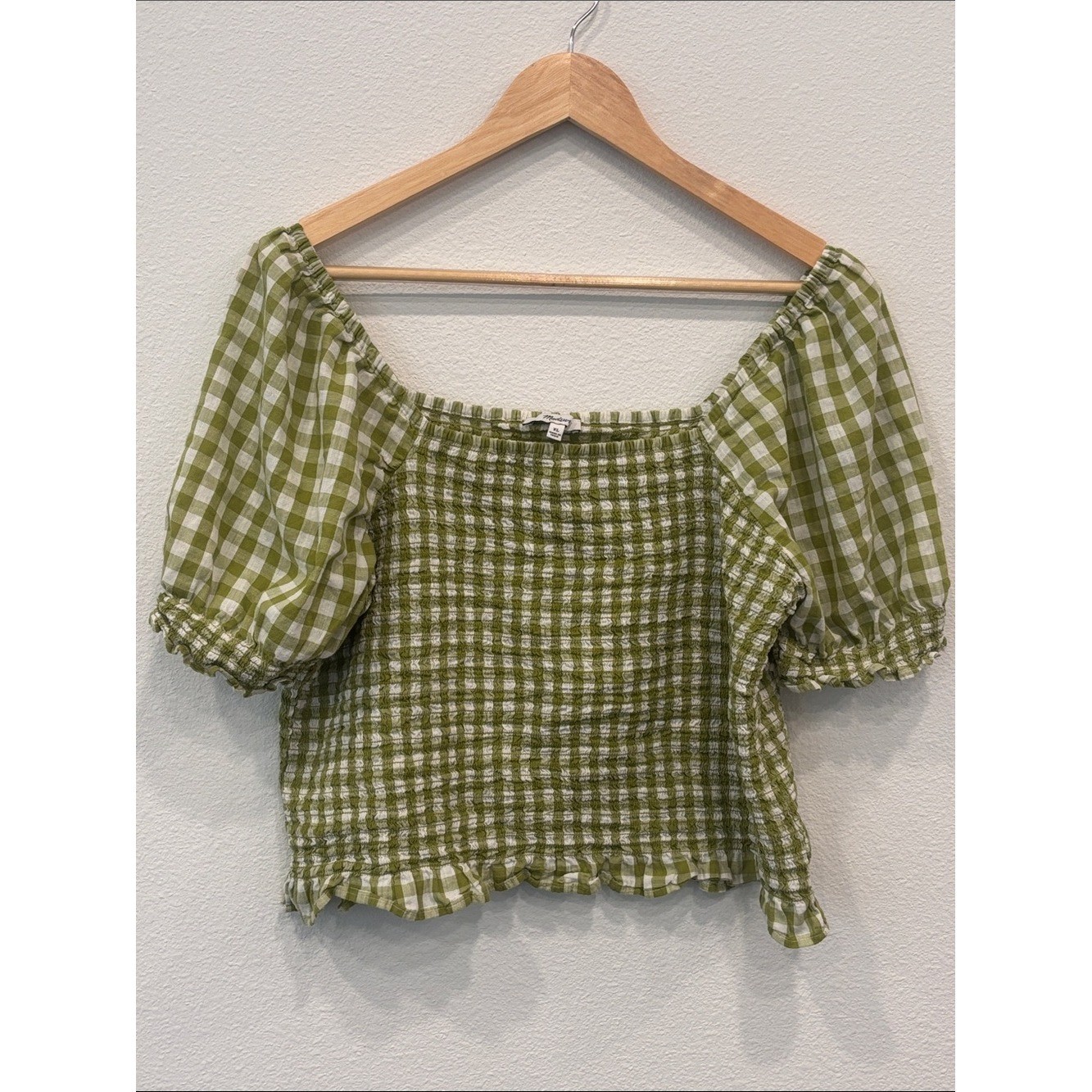 Madewell Green and White Gingham Smocked Off-Shoulder Top Women XL