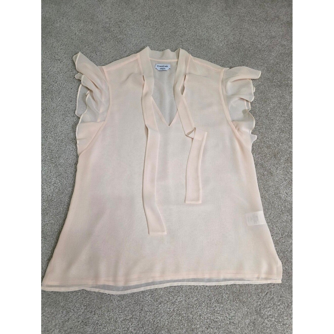 bebe Cream Tie-Neck Ruffle Sleeve Blouse Size L