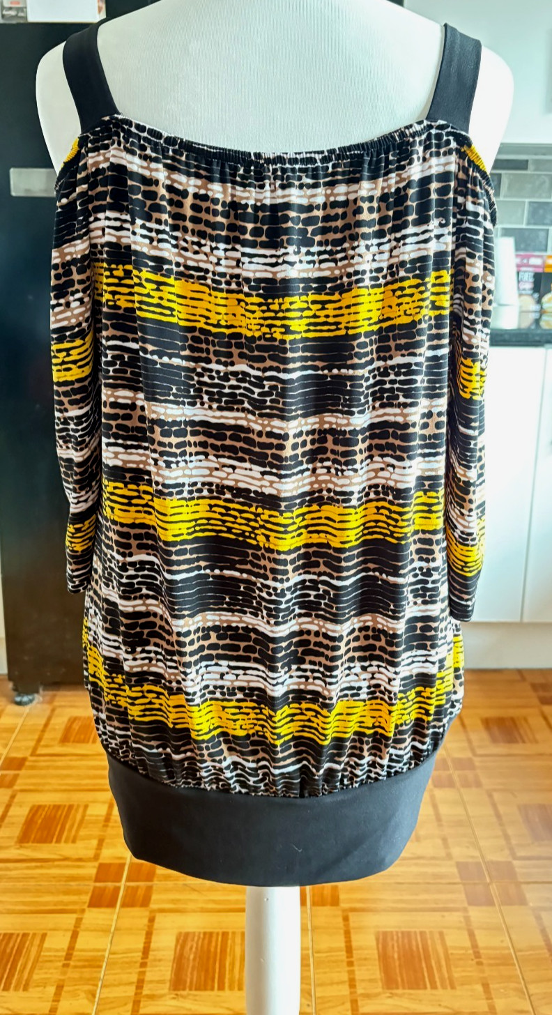 BNWOT Ladies KLASS Strappy YELLOW Brown BLACK & WHITE Mix COLD SHOULDER Blouse S