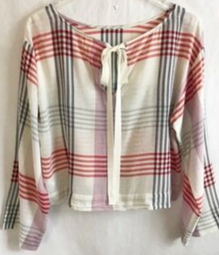 Cloth & Stone Plaid Semi Sheer Back Tie Cropped Blouse Size L Cream Red Gray