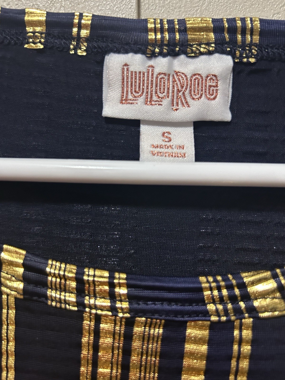 LuLaRoe Gigi fitted top in a blue and gold Striped Size S