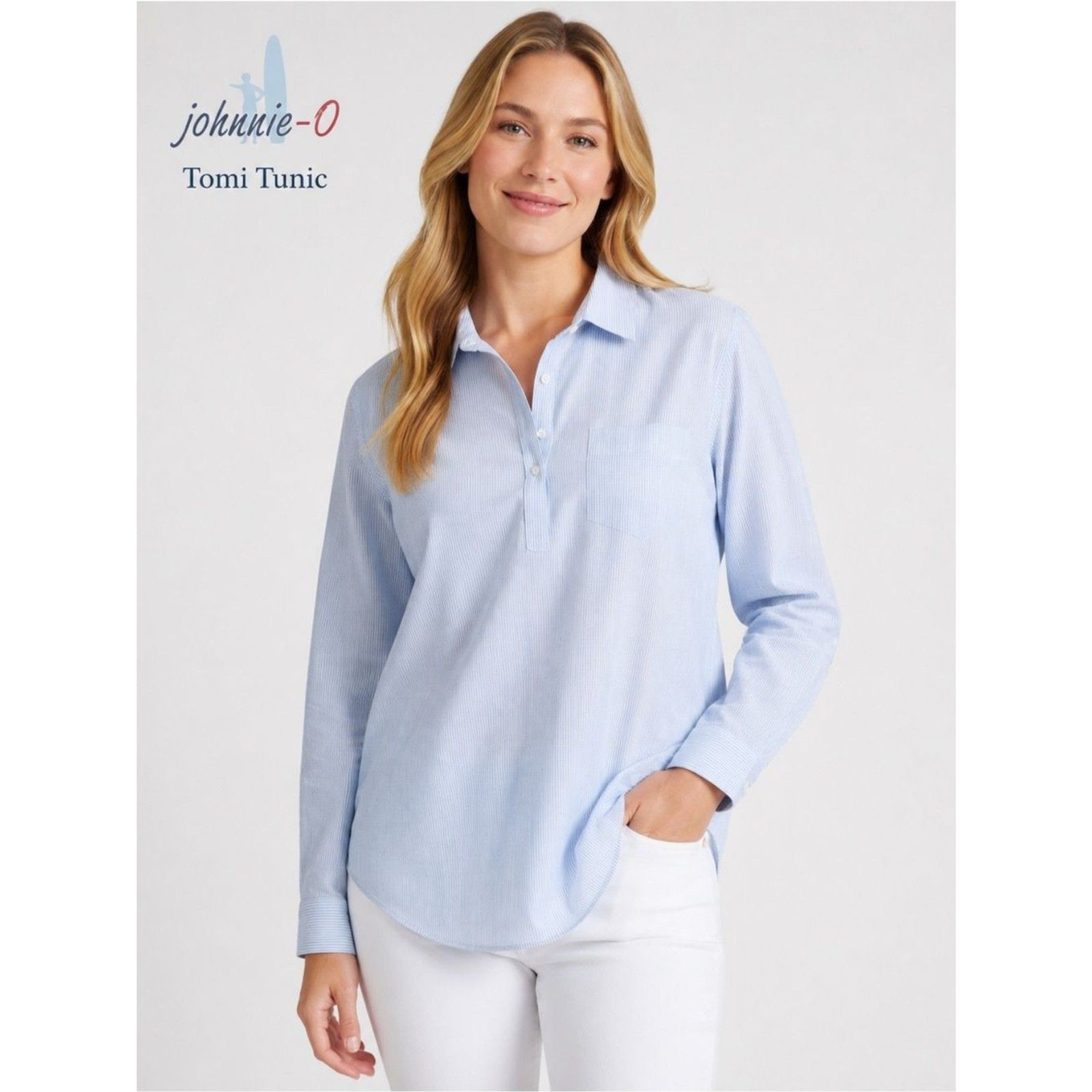 NWT Johnnie-O Tomi Pullover Poplin Tunic Shirt Sz L Gulf Blue Striped
