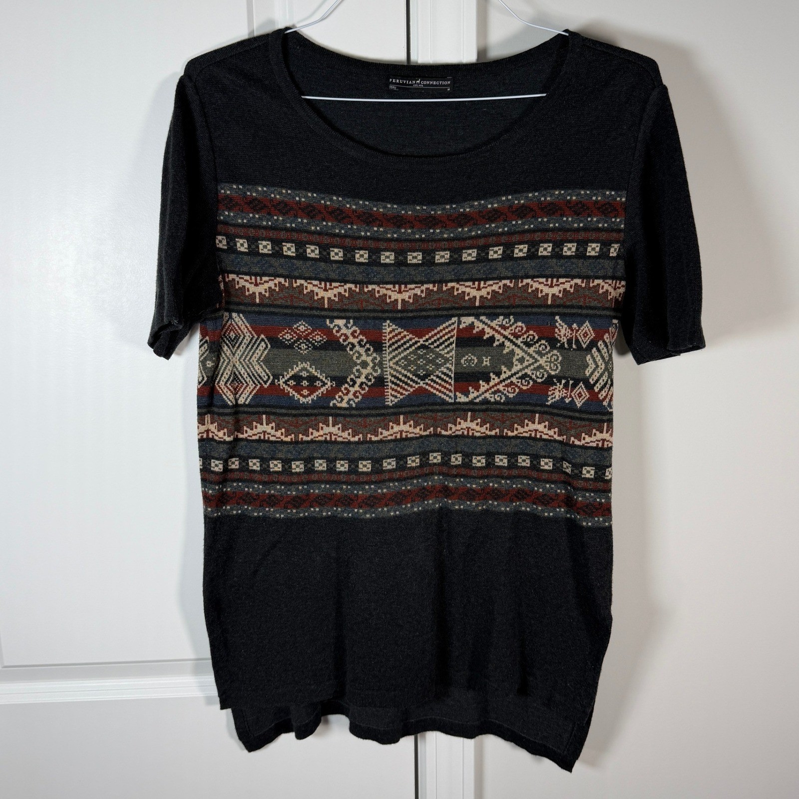 Peruvian Connection Womens Charcoal Grey Geometric Aztec Knit Shirt Top Size M