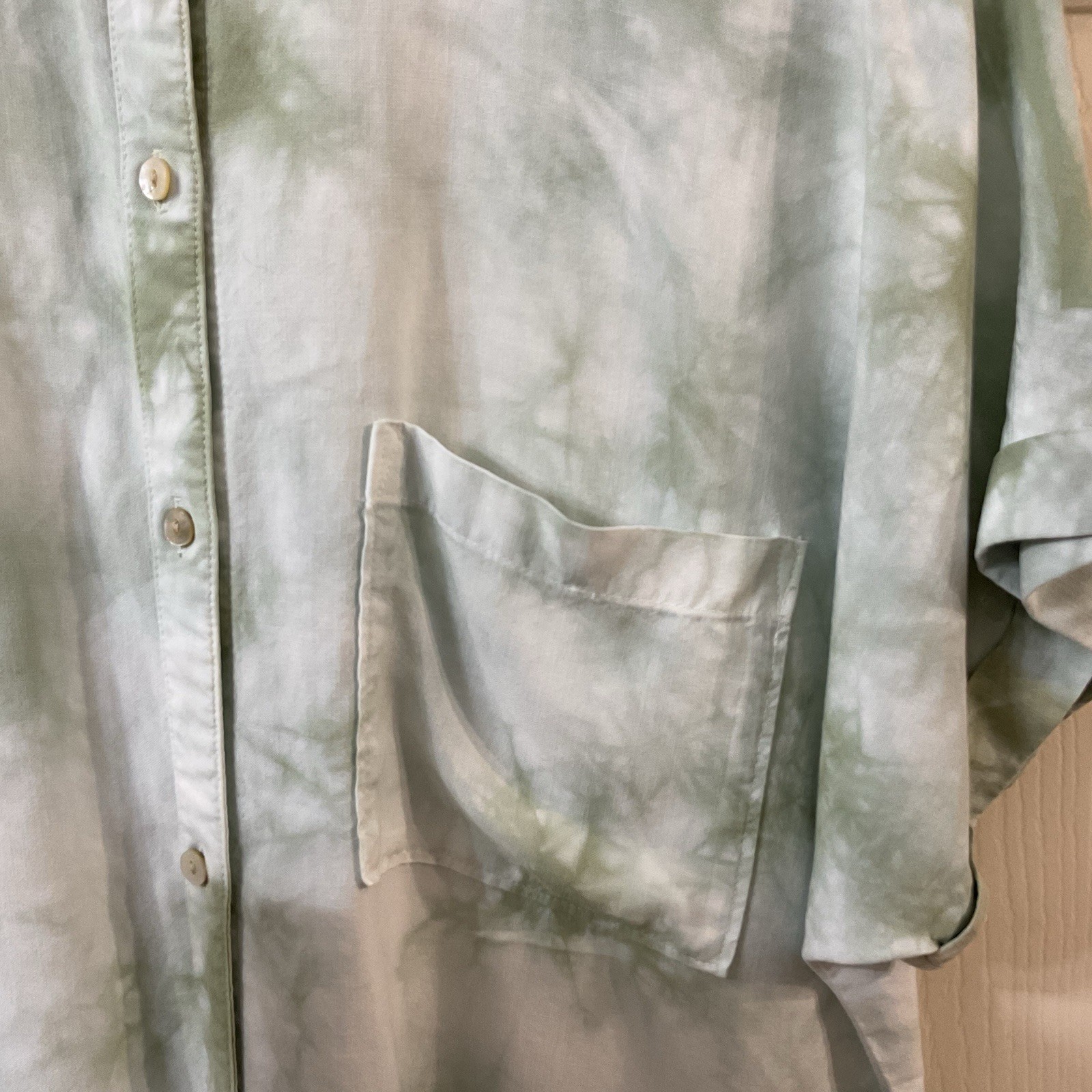 Cloth & Stone Women’s Green Tie Dye Button Up Top Med Boxy Hi Lo Hem Comfort EUC