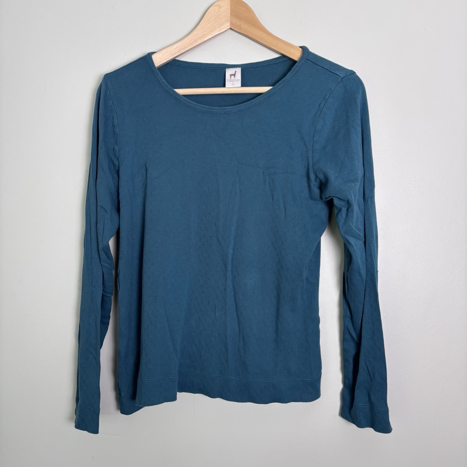 Peruvian Connection Eyelet Long Sleeve Pima Cotton Top-Teal-Women’s Size Large