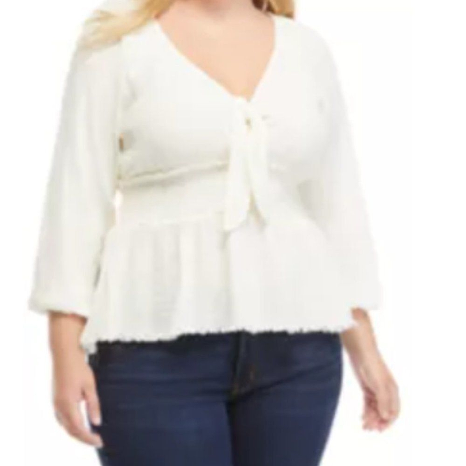 TRUE CRAFT Plus Size Smock Waist Peasant Top in Ivory Bow Tie Detail Blouse 2X