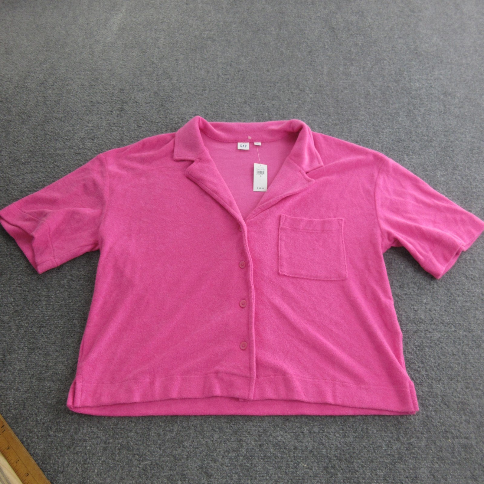 Gap Shirt Womens L Pink Terry Collared Short Sleeve Button Front Cropped Top