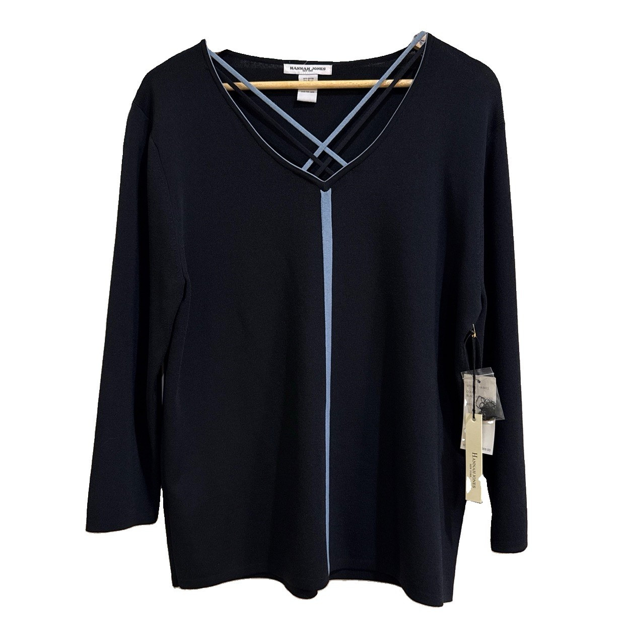 Hannah Jones New York 1X Black/Blue Smoke V-Neck 3/4 Sleeve Knit Sweater
