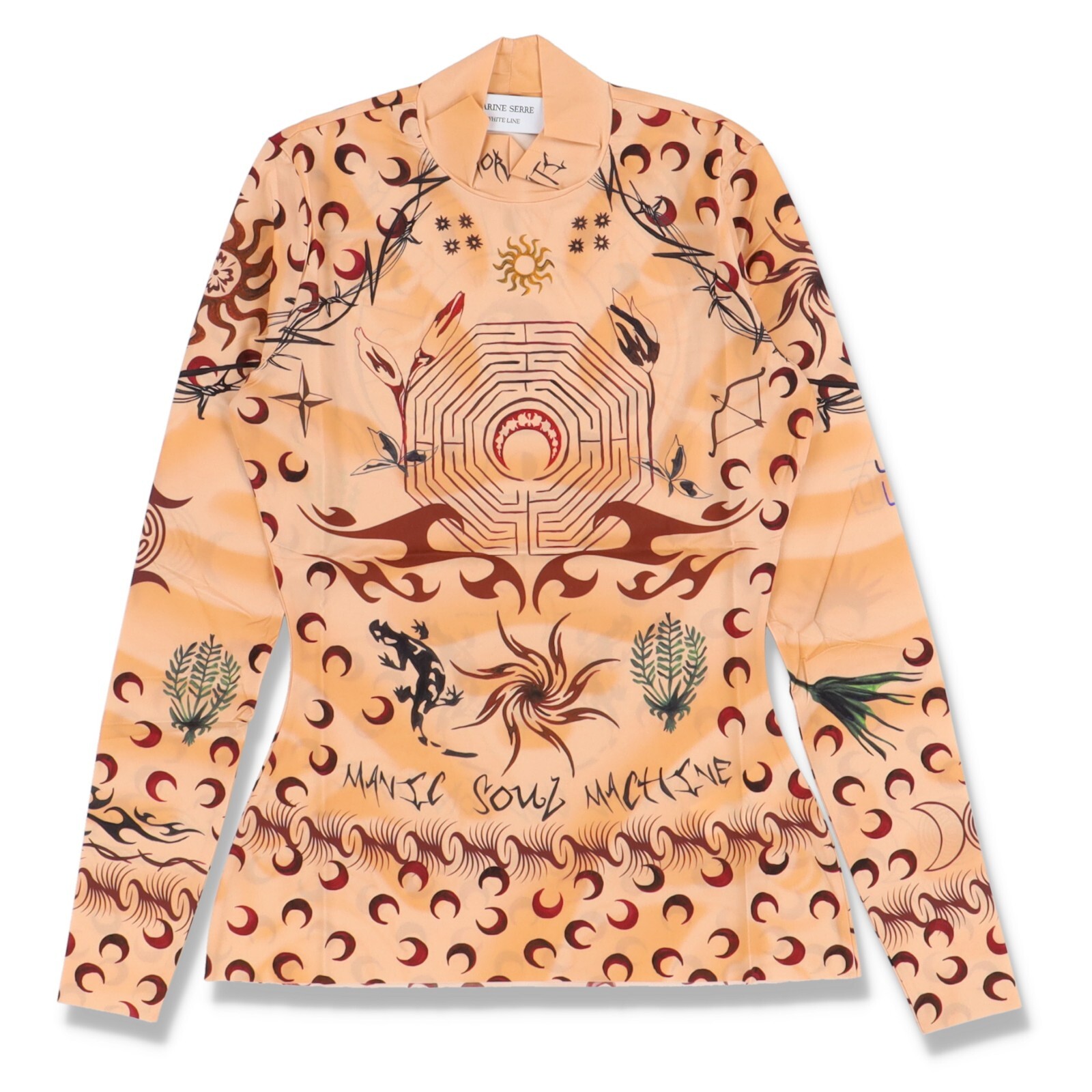Marine Serre Whiteline Tan Tattoo Moon Logo Print Second Skin Top | Size XL $430