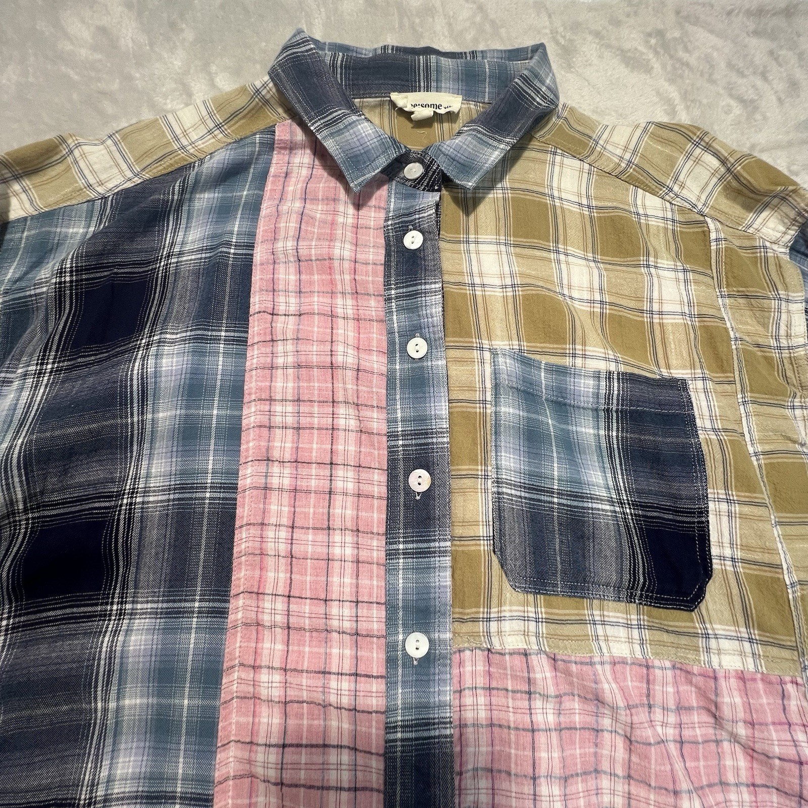 ee:some Boho Patchwork Oversized Button-Up Blouse Shirt Size M