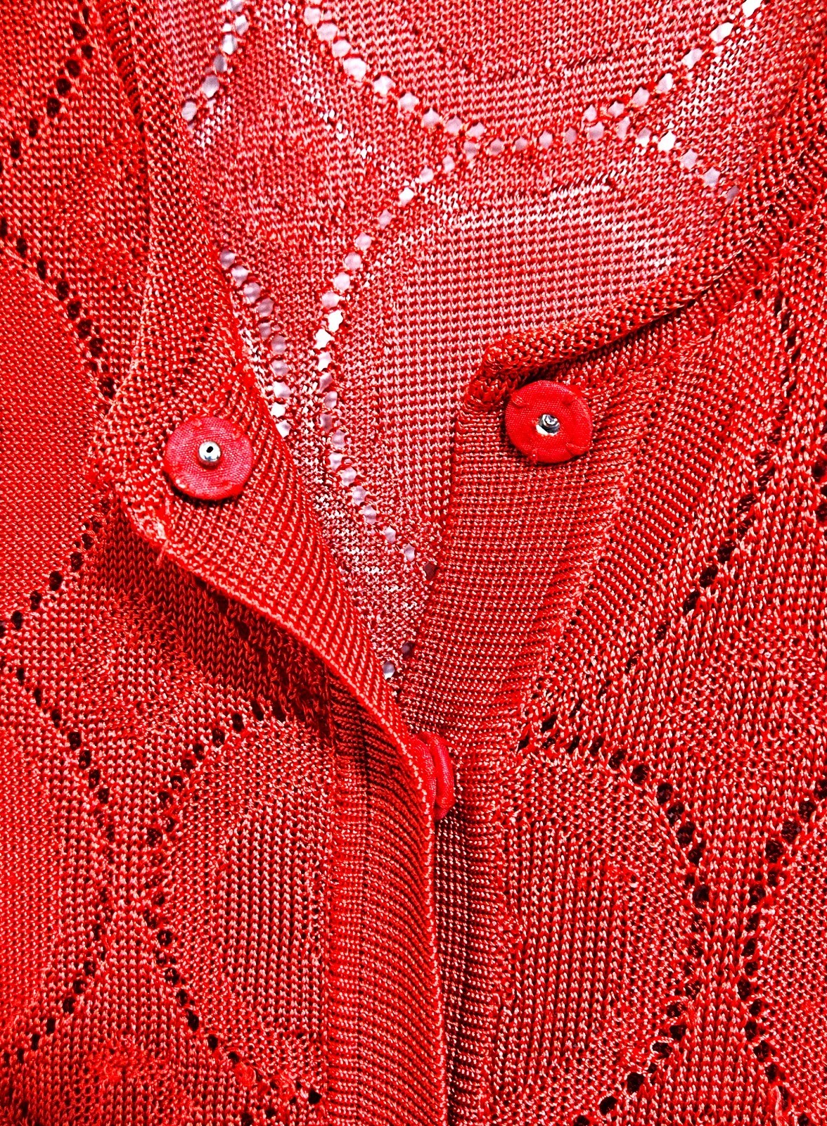 Dana Buchman Women’s Sz L Red Open Knit Top Front Hidden Snap Placket S/S