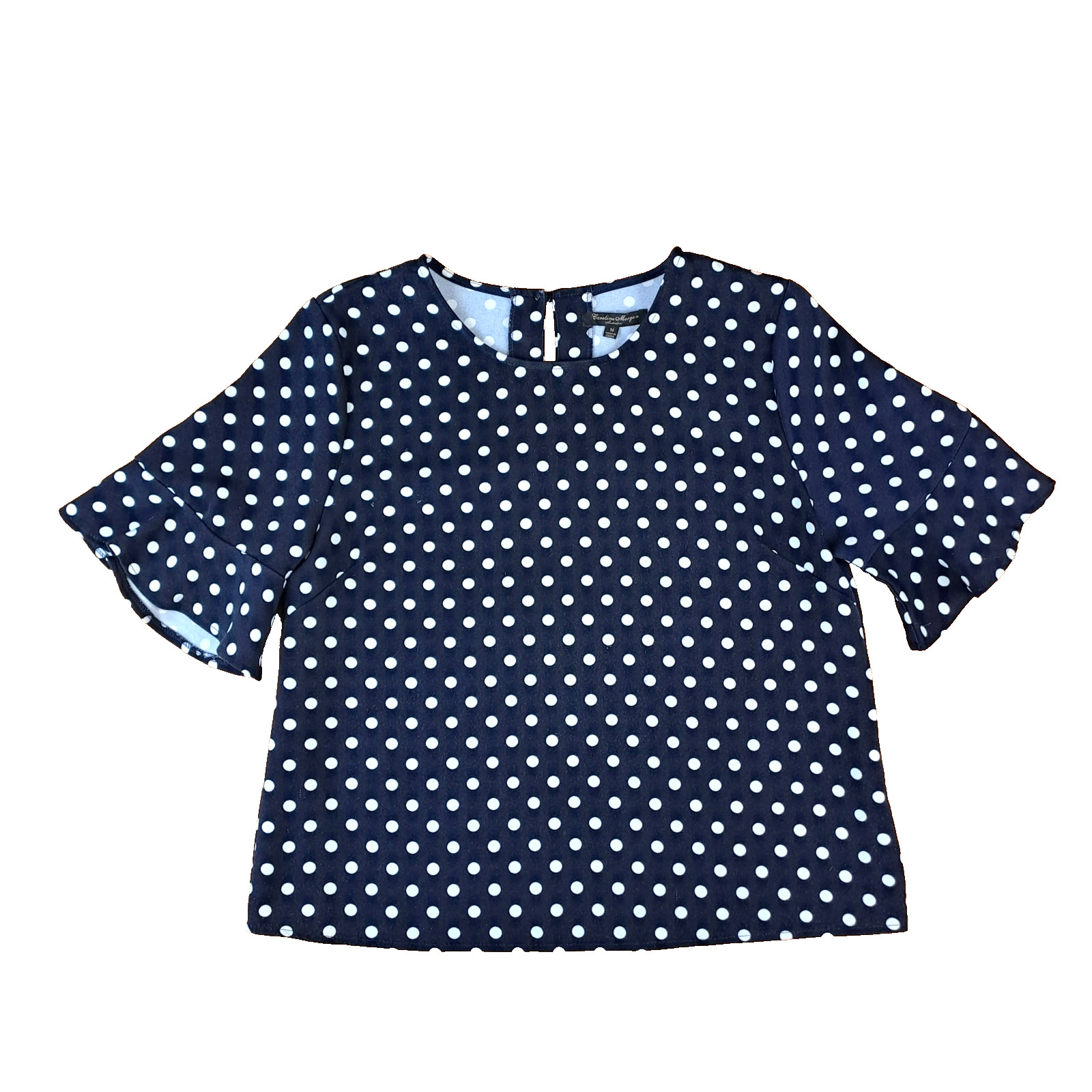 Caroline Morgan Top Womens Sz 14 Navy/White Polkadots Ruffle Sleeves Boxy Blouse