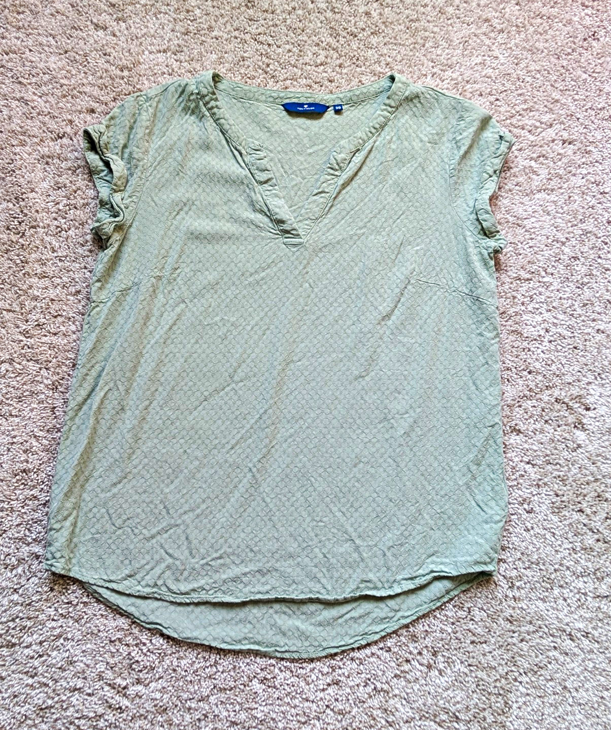 Tom Tailor Green Textured Woven V-Neck Short Sleeve Pullover Blouse Size 38