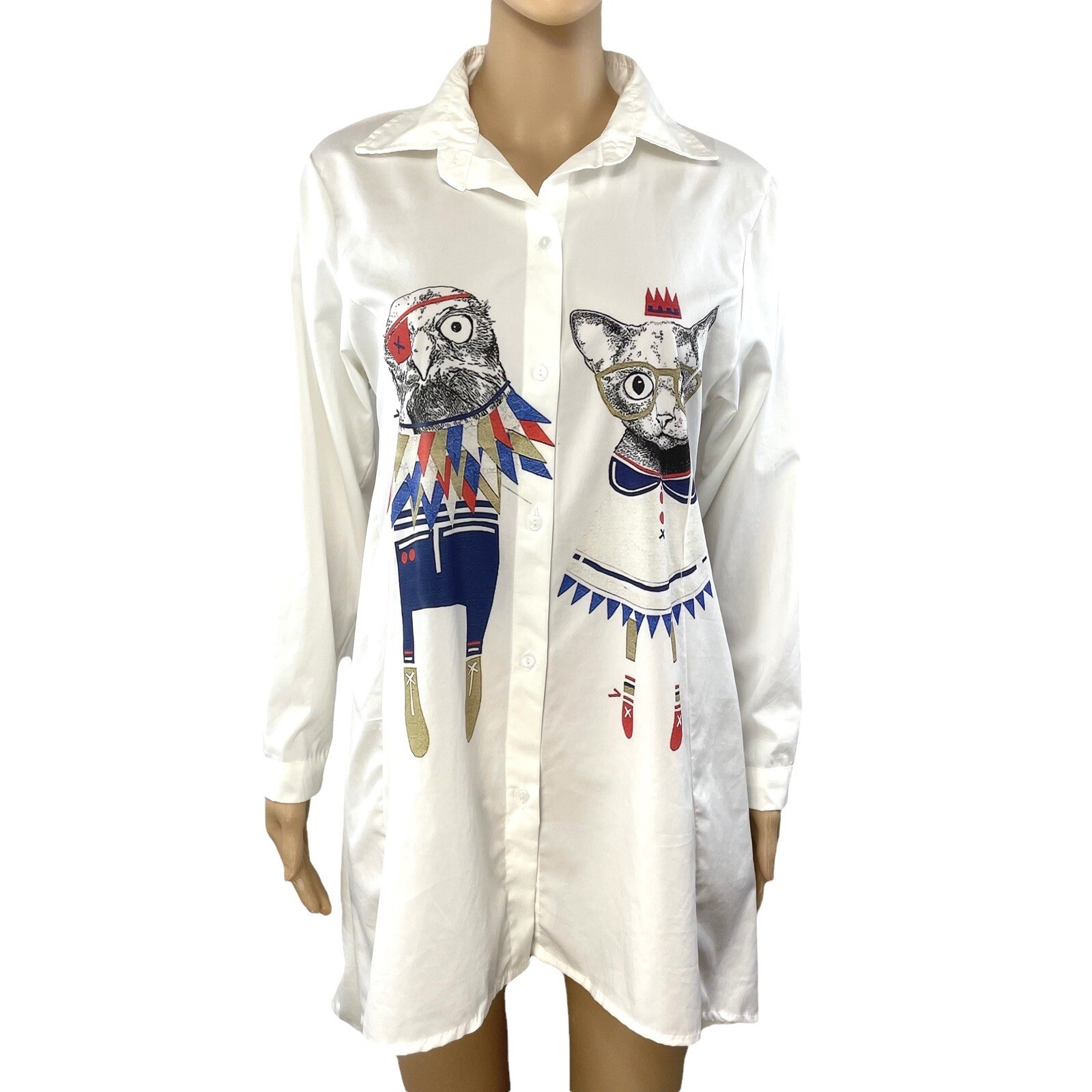 Womens Cat & Owl Shirt M Party Cat Funny White Blue Tunic