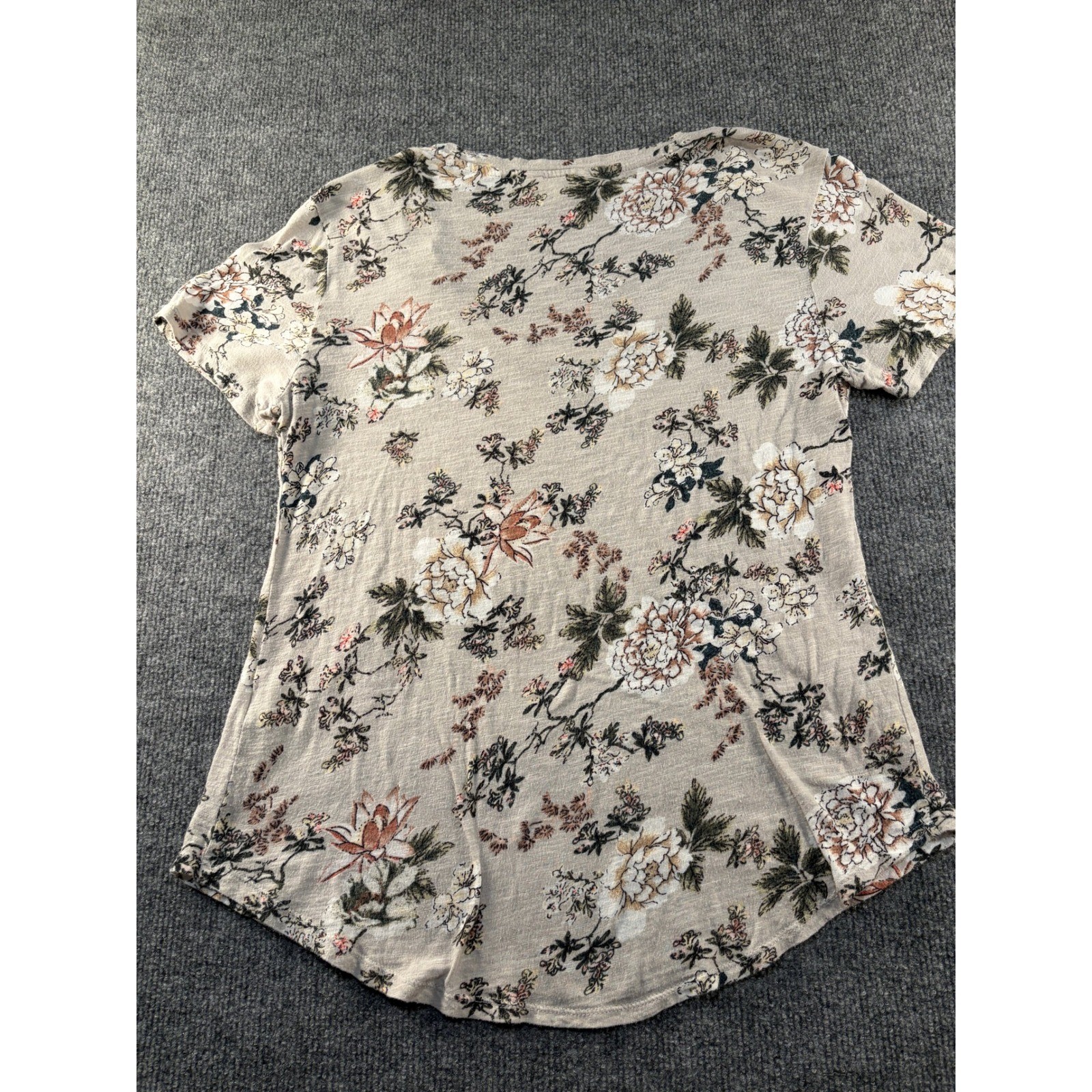 Lucky Brand Womens Grey Floral Slub Knit Scoop Neck Short Sleeve T-Shirt Small