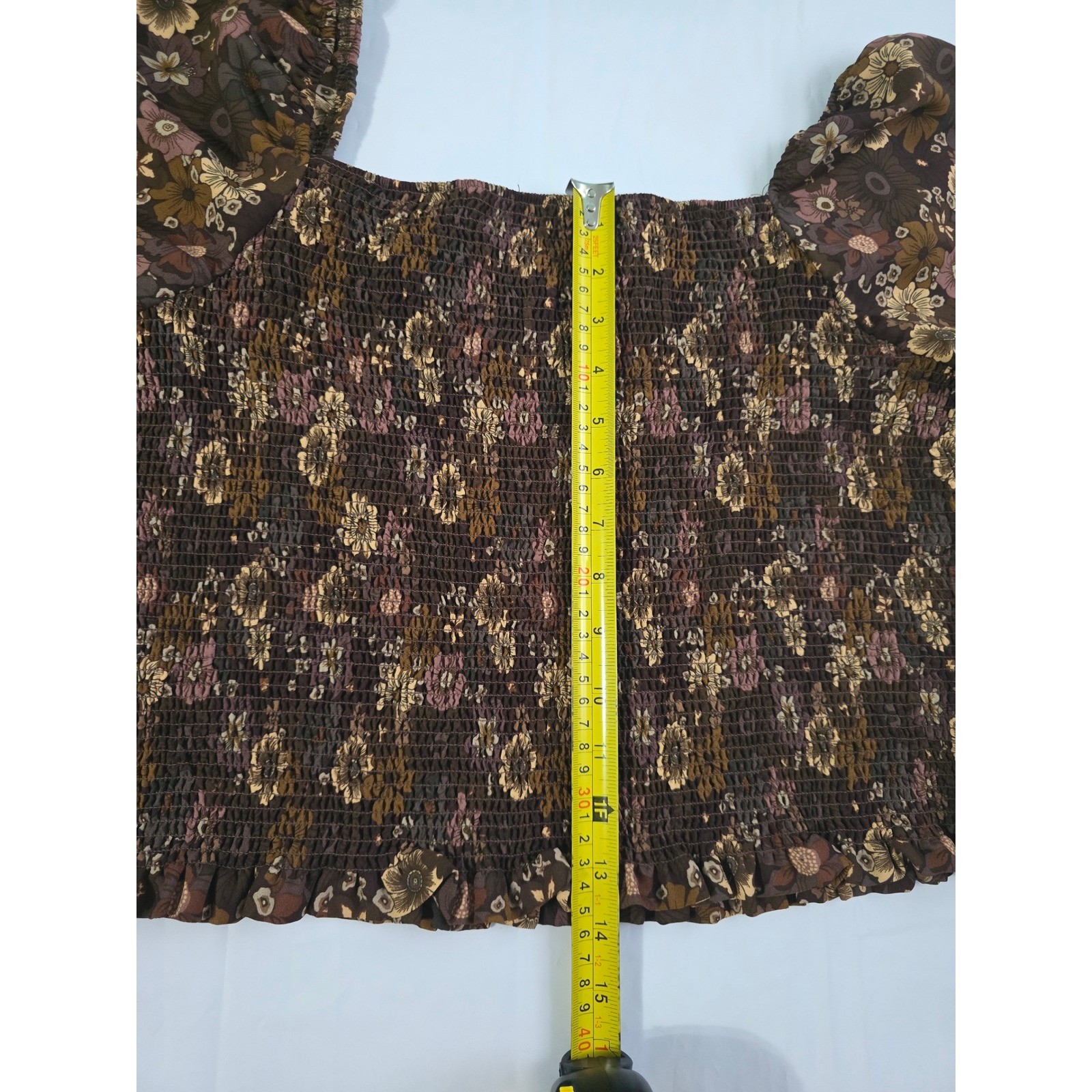 C by One Brown Floral Smocked Puff Sleeve Blouse Square Neck Top Large