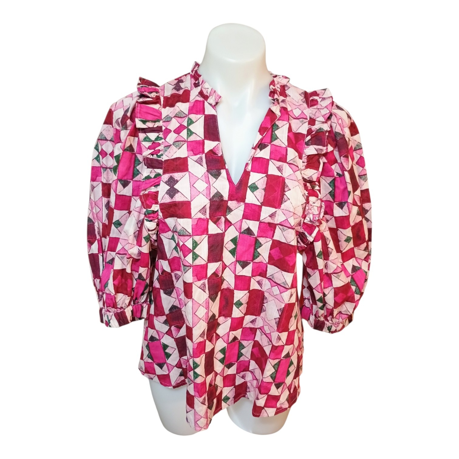Esprit Women’s S Pink Fushia Geometric Cotton Peasant Ruffles Puffy Sleeves Top