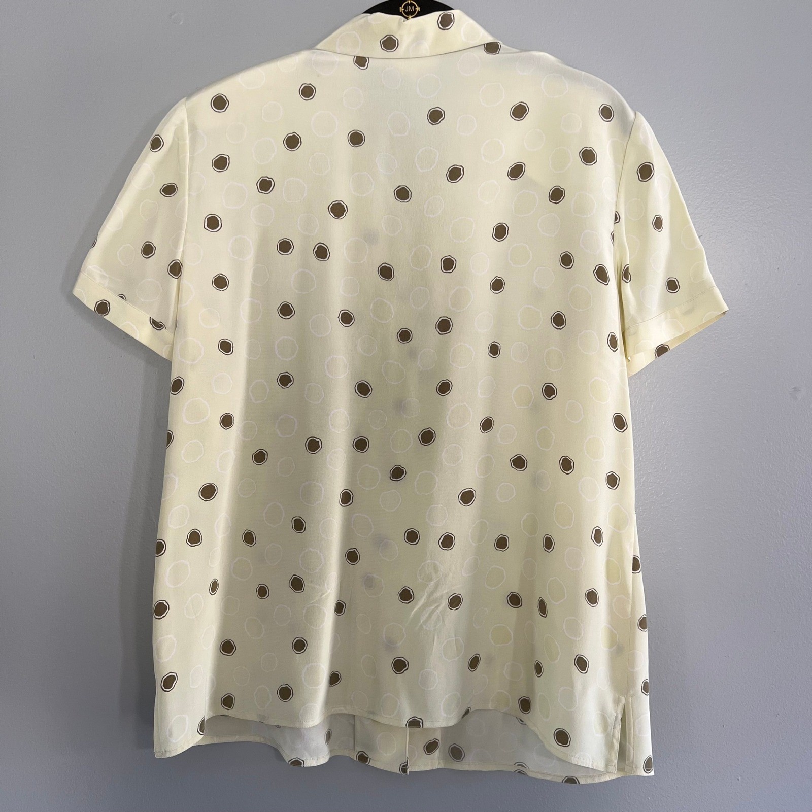 Due Per Due Silk Short Sleeve Polka Dot Blouse Yellow Brown Size 12 professional