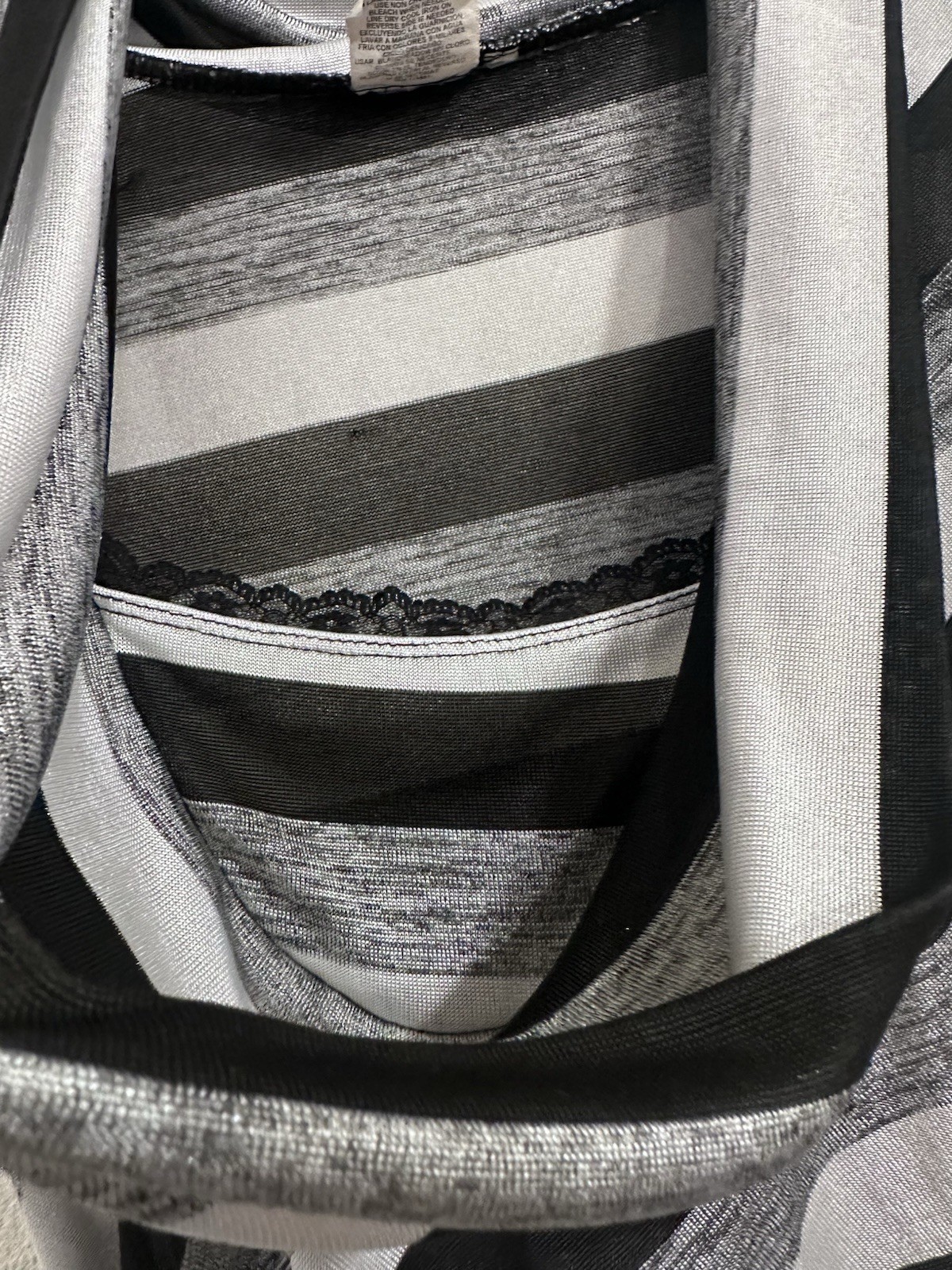 Women’s Black White Gray Striped Knit Cowl Neck Drawstring Top SS M