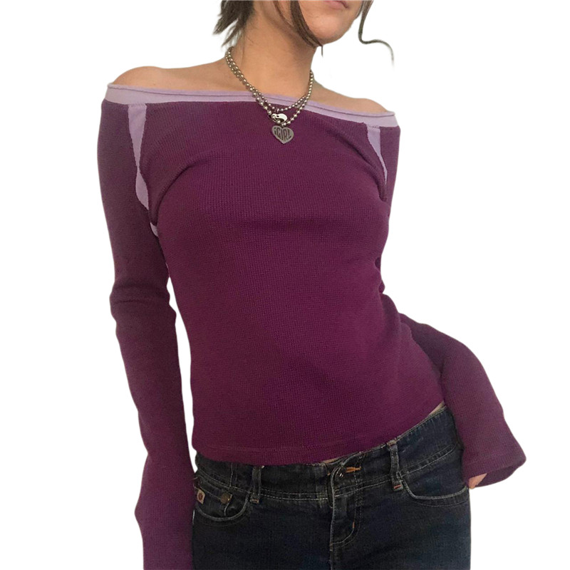 Y2k Fairy Grunge Top Vintage Aesthetic Patchwork Off Shoulder Long Sleeve T