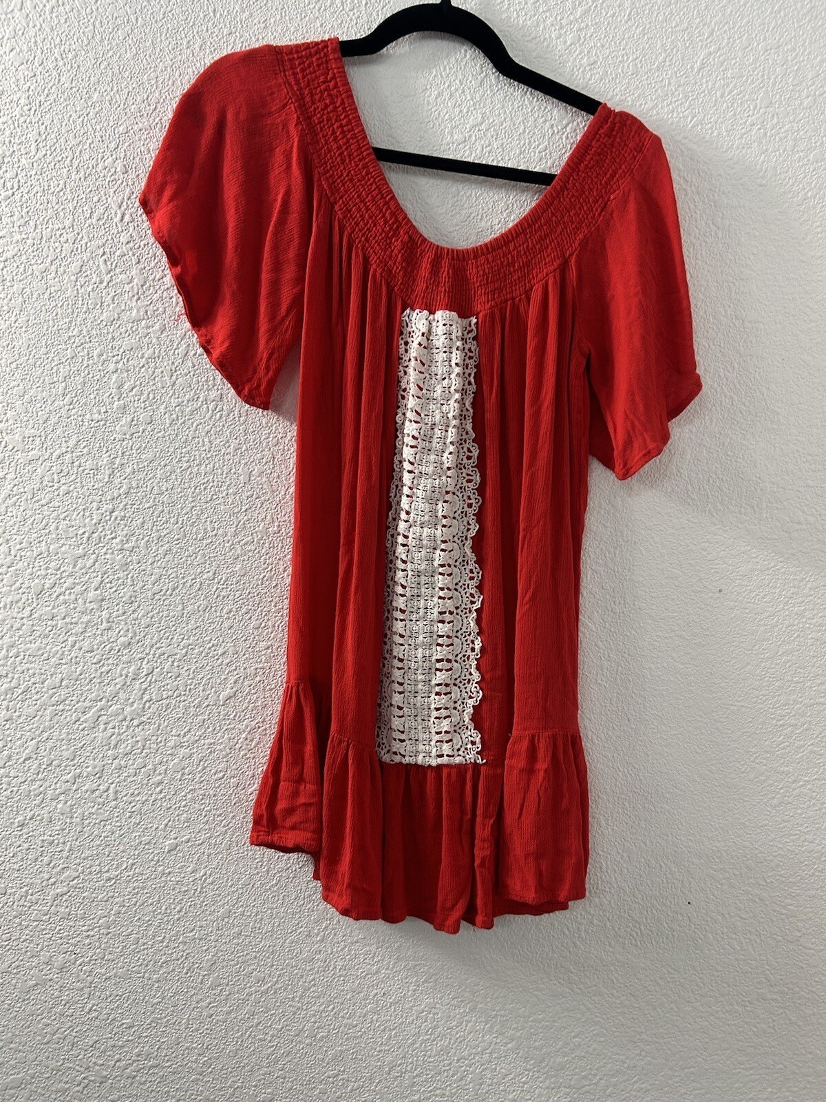 Flying Tomato Red Tunic Womens Boho Top Ruffle White Crochet Size M