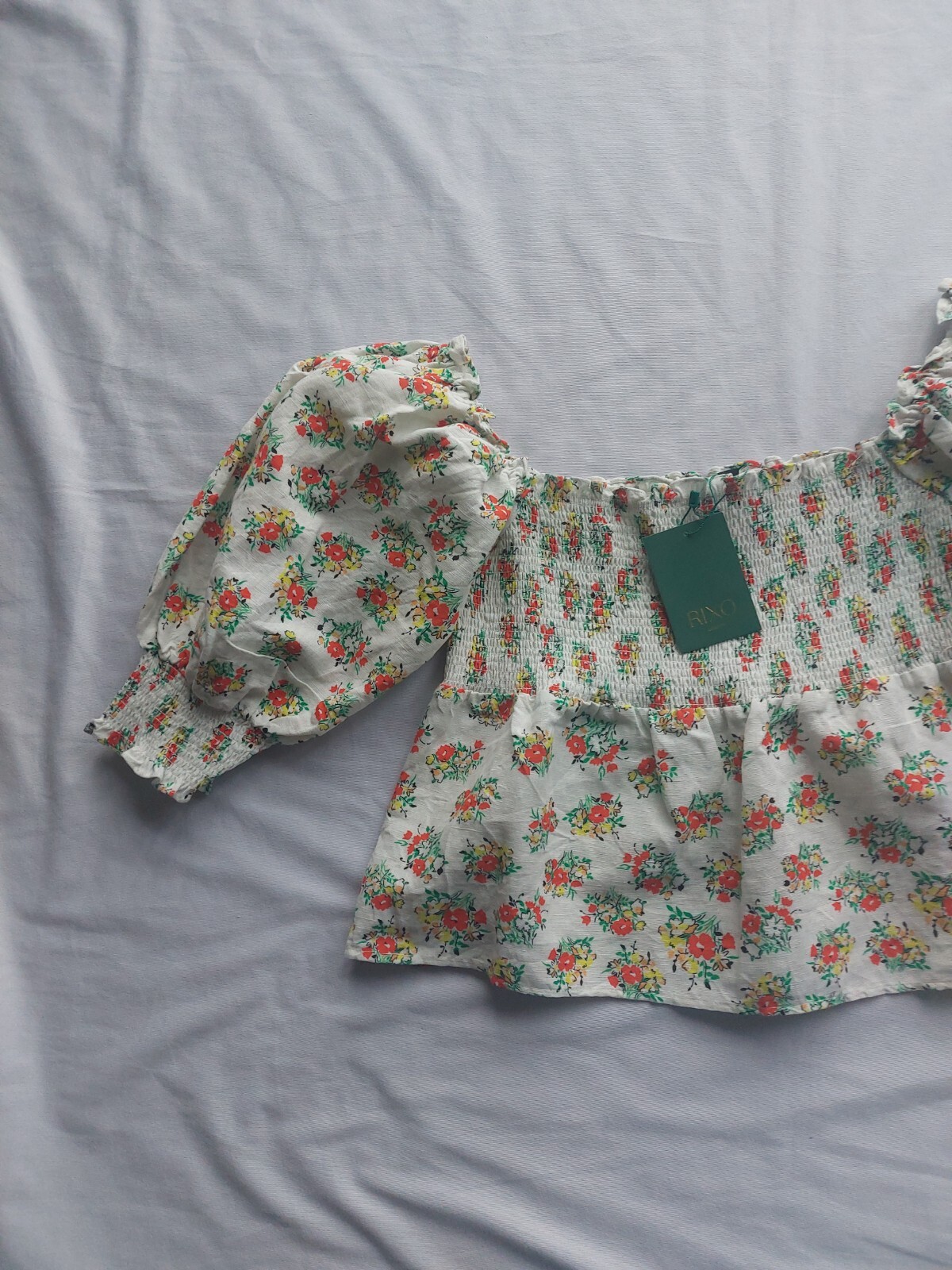 Rixo. Ditsy Garden Cream Top. 100% Linen. Shirred bodice. New. UK 12