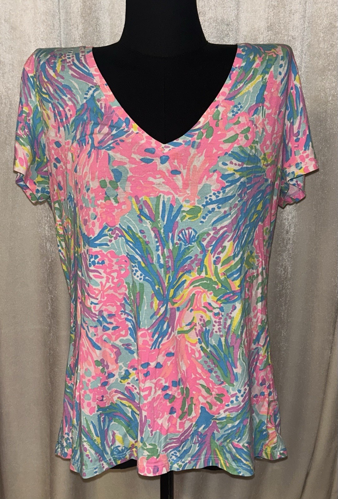 Lilly Pulitzer Shirt Womens Pink Blue Etta Top Coral Casual Tee Size Large L