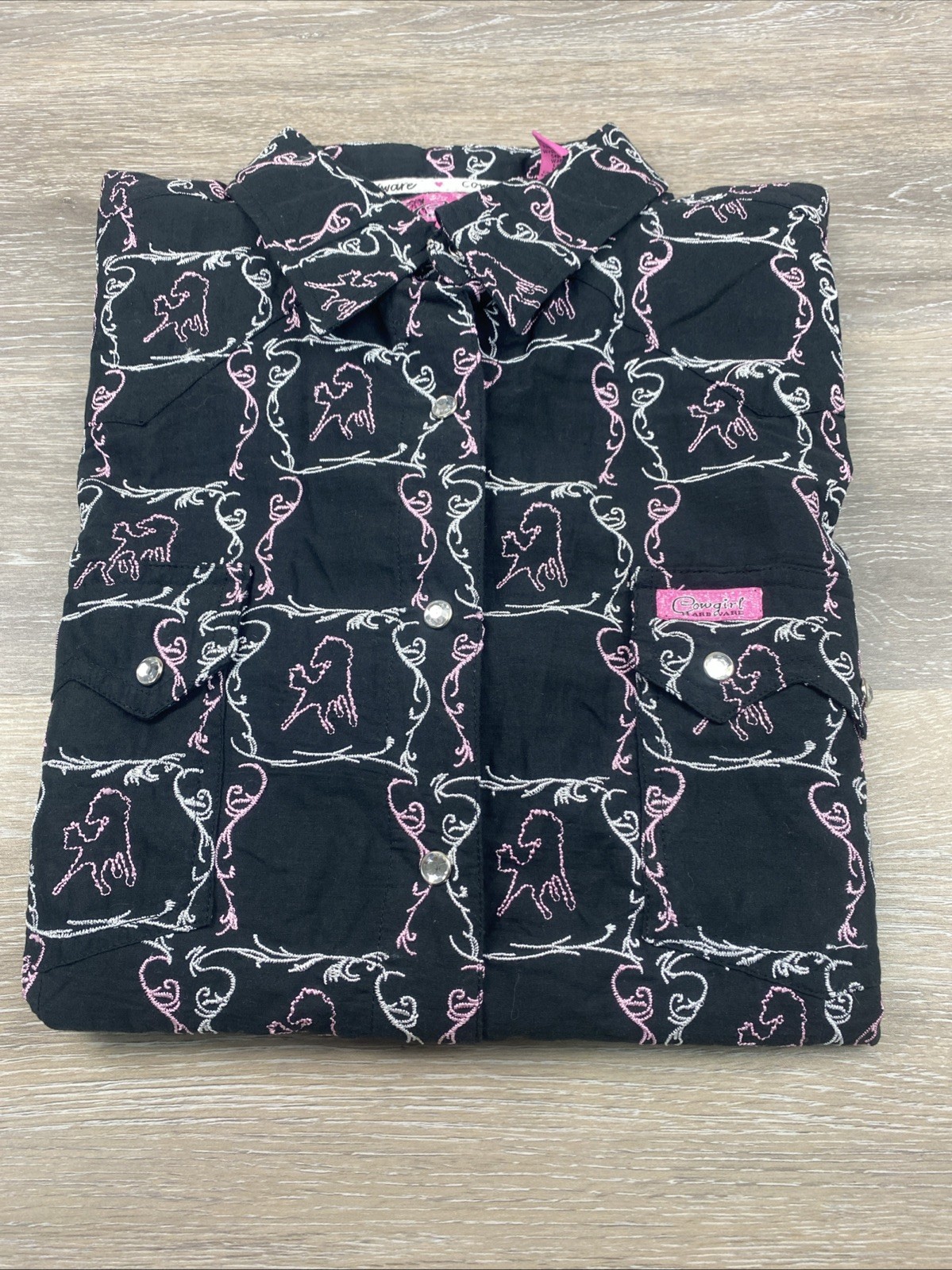 Cowgirl Hardware Pearl Snap Snap Black with Pink Horses Western Shirt XL