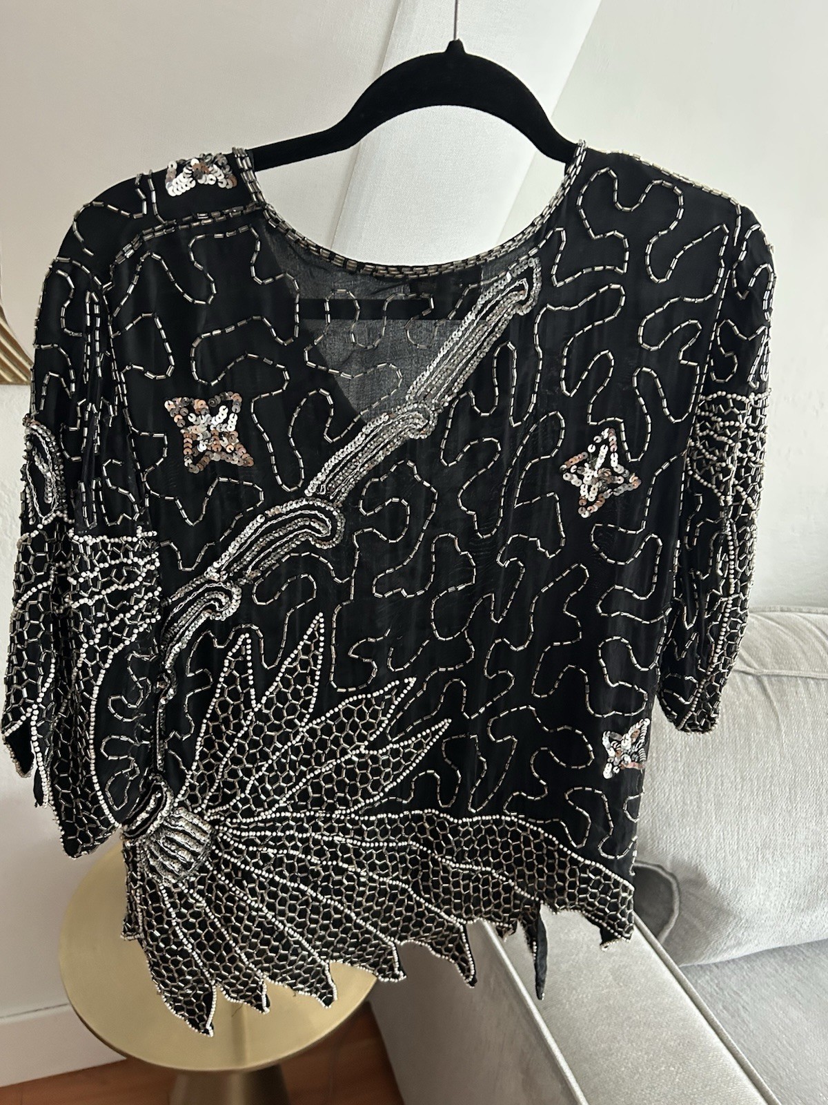 VTG Silk Black Silver Beaded Sequins Top Asymmetrical Blouse Womens Size M