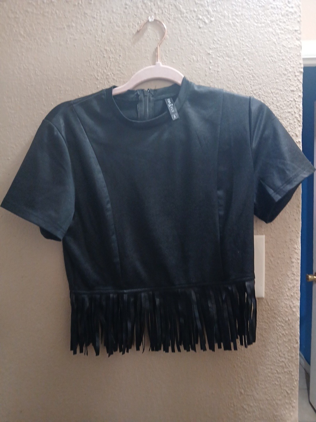 Zippity Zap Fringe Faux Leather Fringe Shirt * BLACK