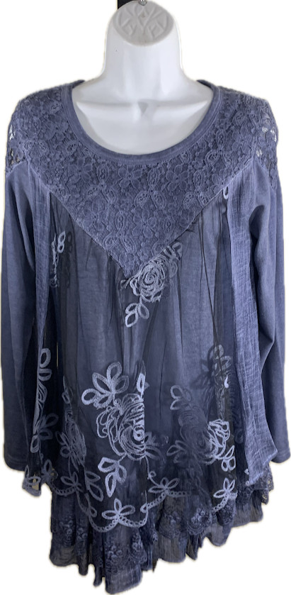 Feratelli Boho Grunge Peasant Embroidered Blue Lace Layered Tunic Top NWOT Small