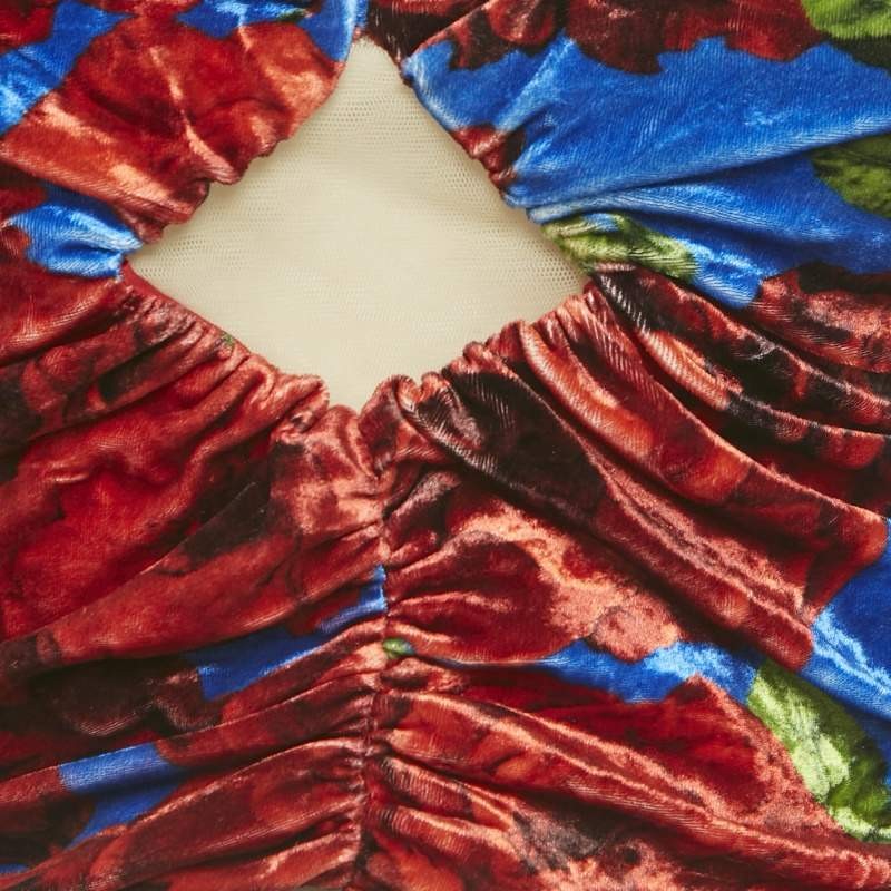 Magda Butrym MulticolorRed Printed Velvet Ruched Crop Top S