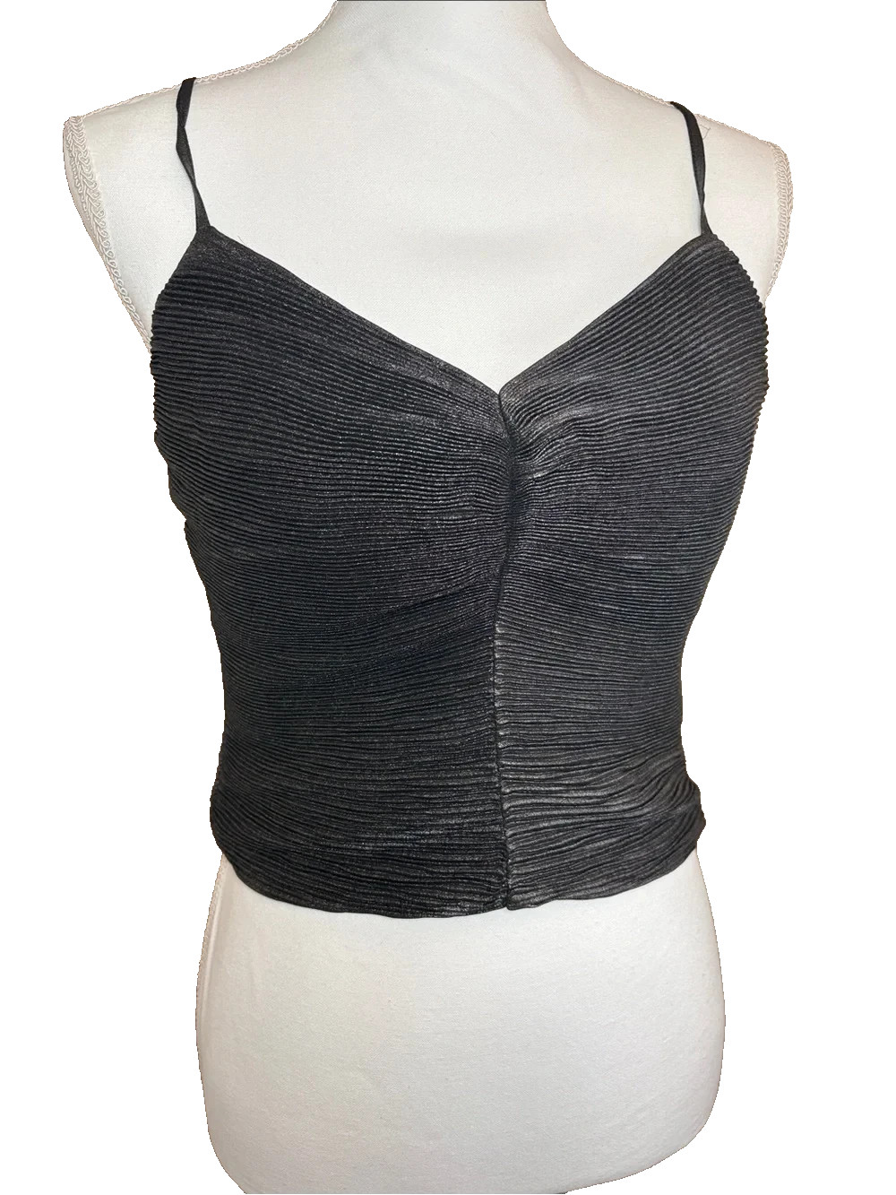 Express Metallic Black Pleated Bow Back Cami Crop Top Sz Small Clubwear Y2K