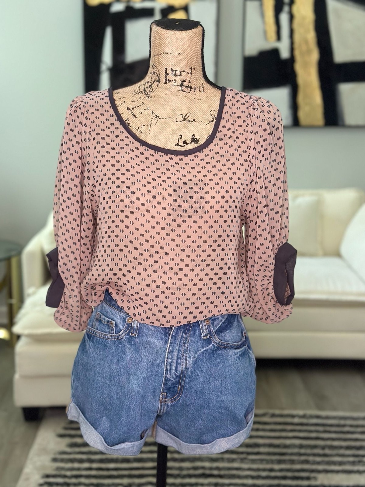 Love Culture Blush Pink and Black Geometric Print Cut-Out Back Blouse