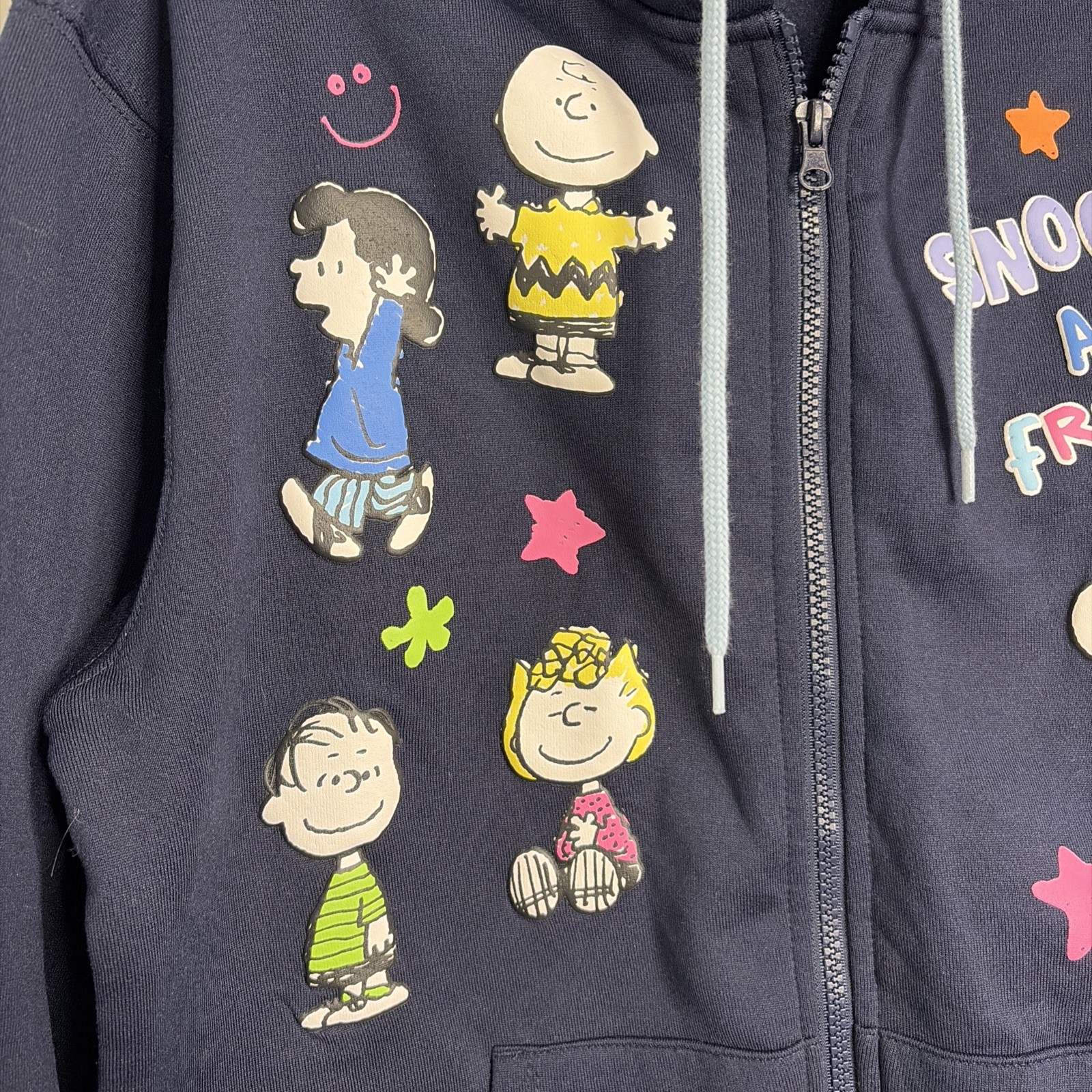 Peanuts Snoopy and Friends Zip Up Hoodie Womens S Navy Blue Puffy Graphics NEW