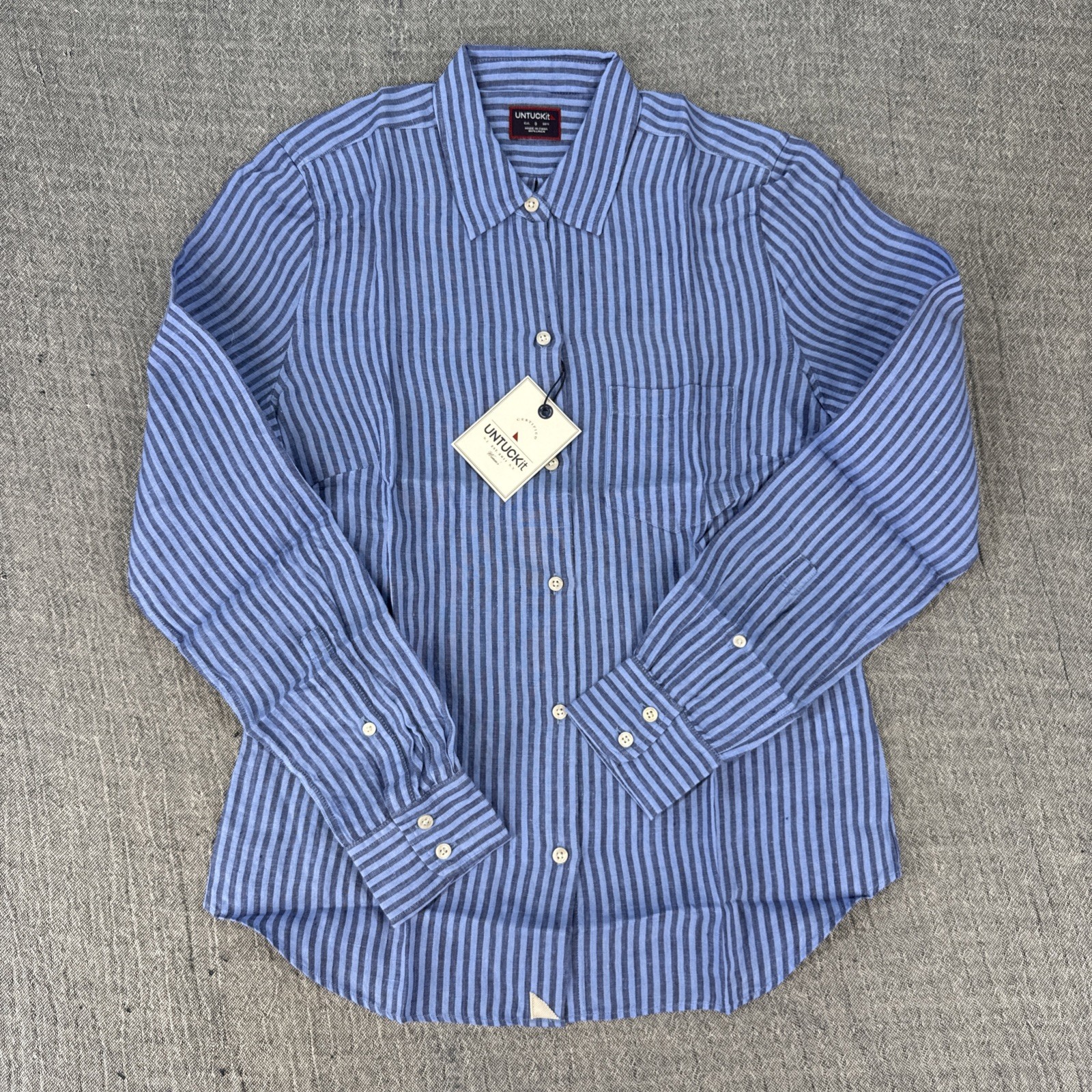 UNTUCKit Marsala Womens Linen Long Sleeve Button Up Shirt Blue Stripe PICK SIZE