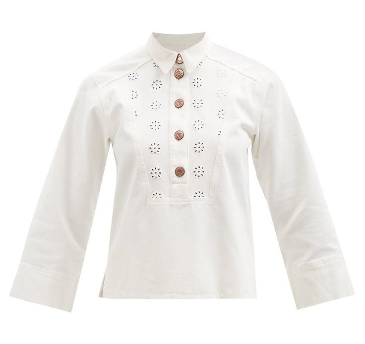 See By Chloe Broderie Button Denim Overshirt Blouse Embroidered Size 34 XS White
