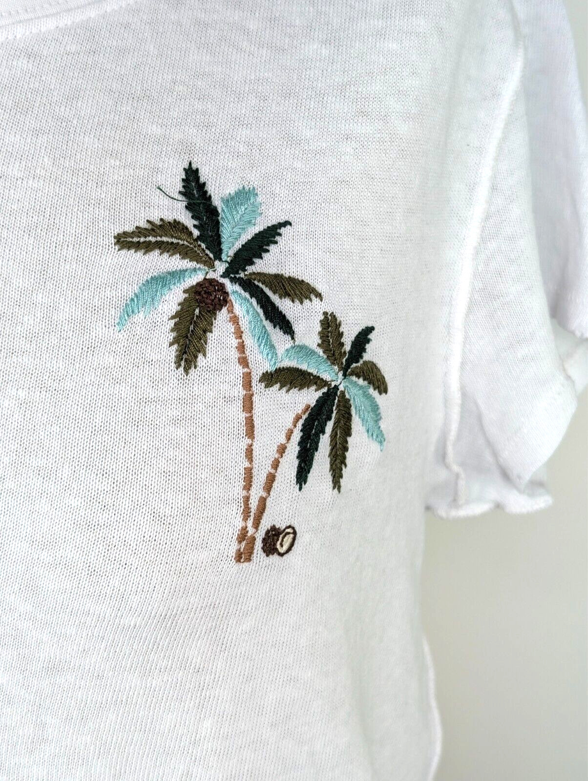 We The Free People White Palm Tree Embroidered Distressed Edge T Shirt Small