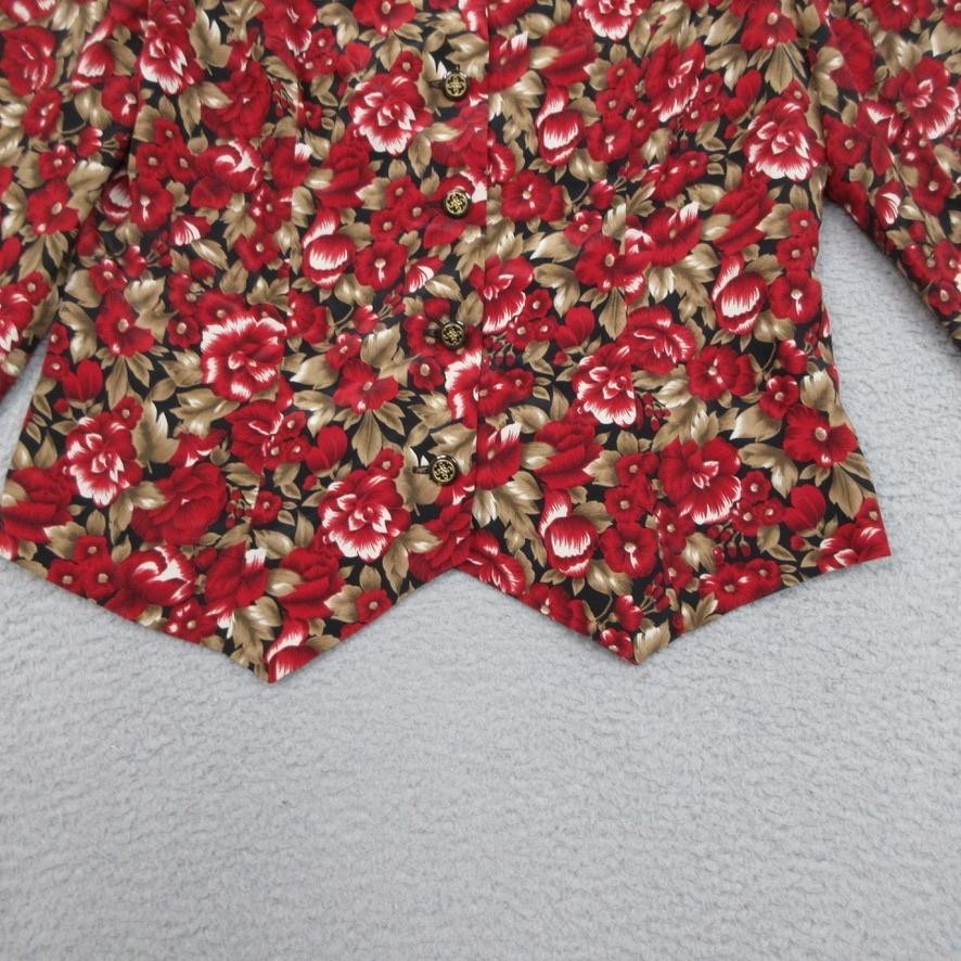 Vtg Leslie Fay Blouse Womens 12 Red Floral Lace Collar Button Front Long Sleeve