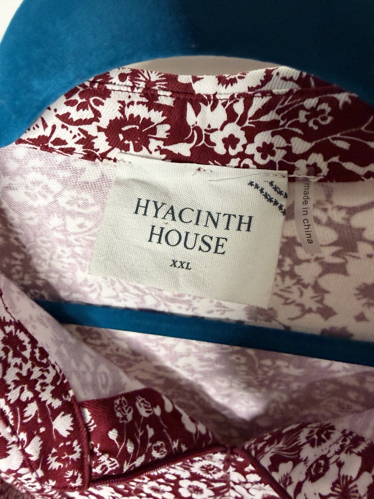 Hyacinth House Womens XXL Burgundy White Cotton Floral Collared Tunic Button