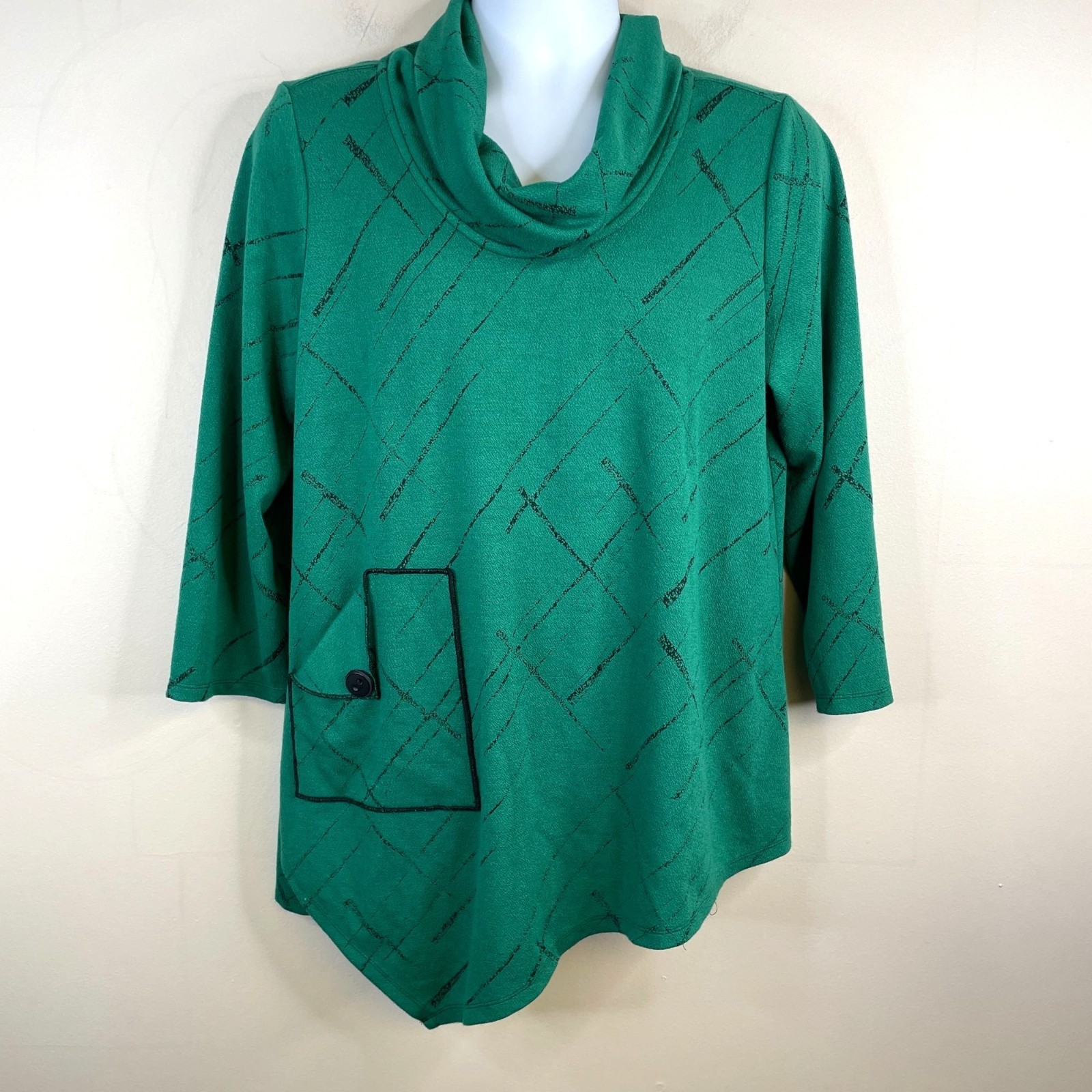 Ali Miles Art To Wear Top Large Green Cowl Neck Asymmetric Cozy Stretch Travel