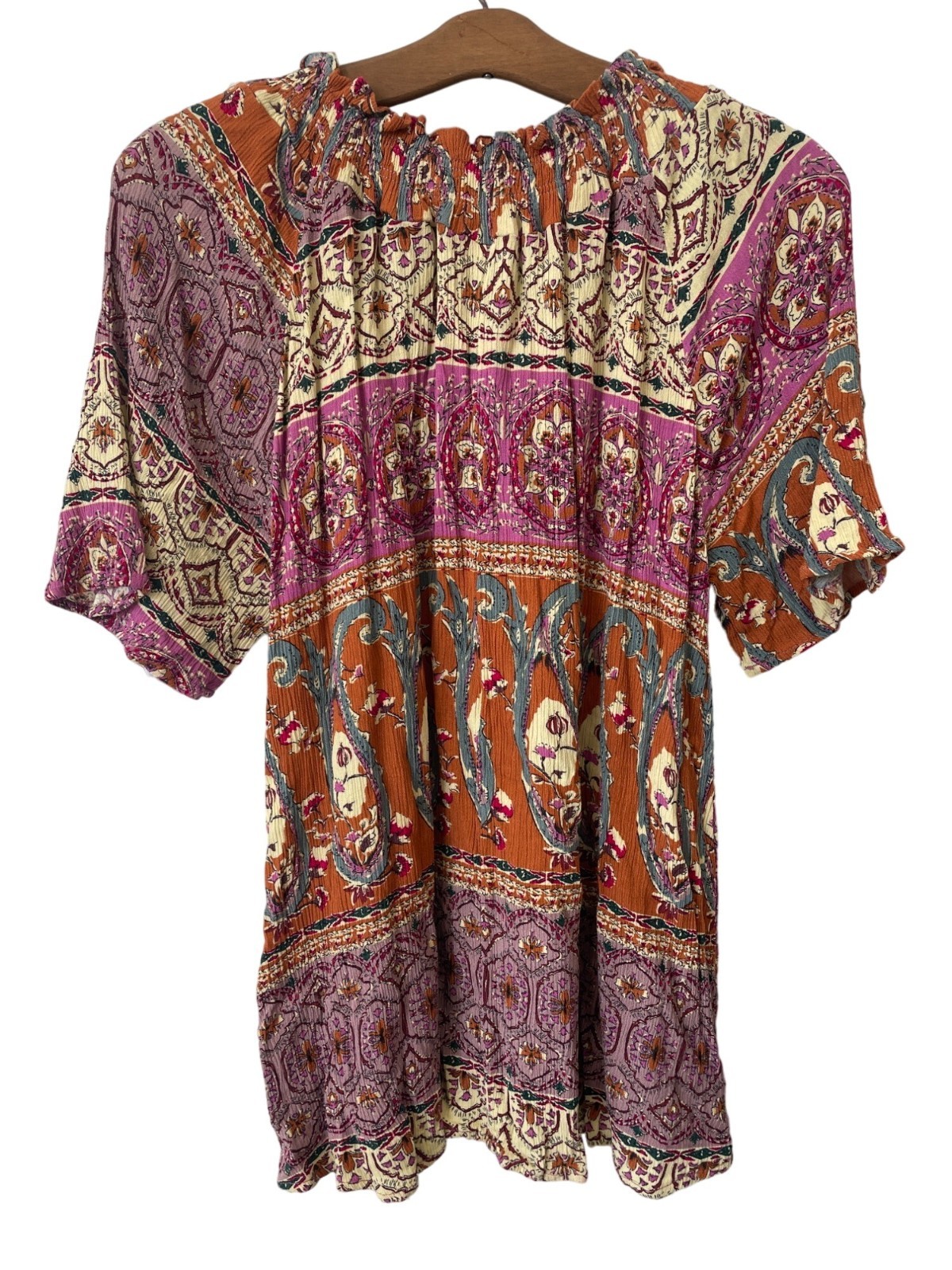 Kori America Top Size Small Floral Smocked Tie Neck Short Sleeve Multicolor Boho
