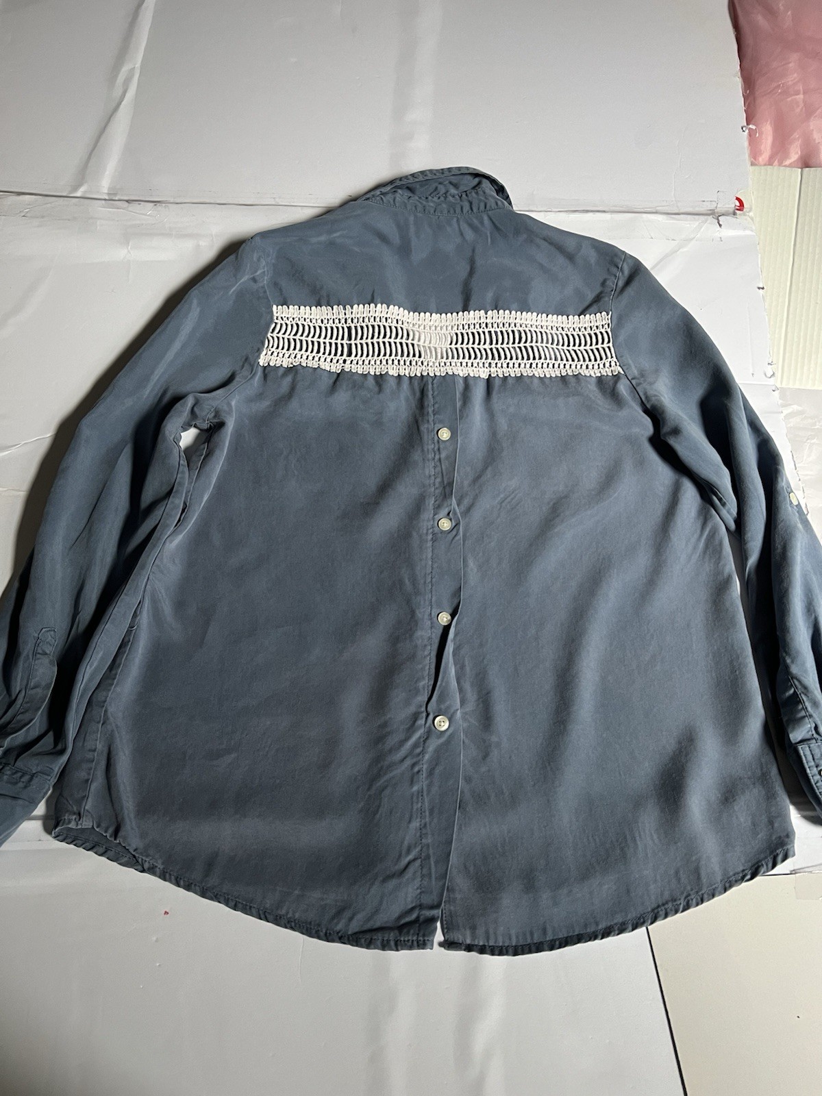 Marc New York Blue Button Down Blouse Soft Tencel Crochet Accent Boho Western S