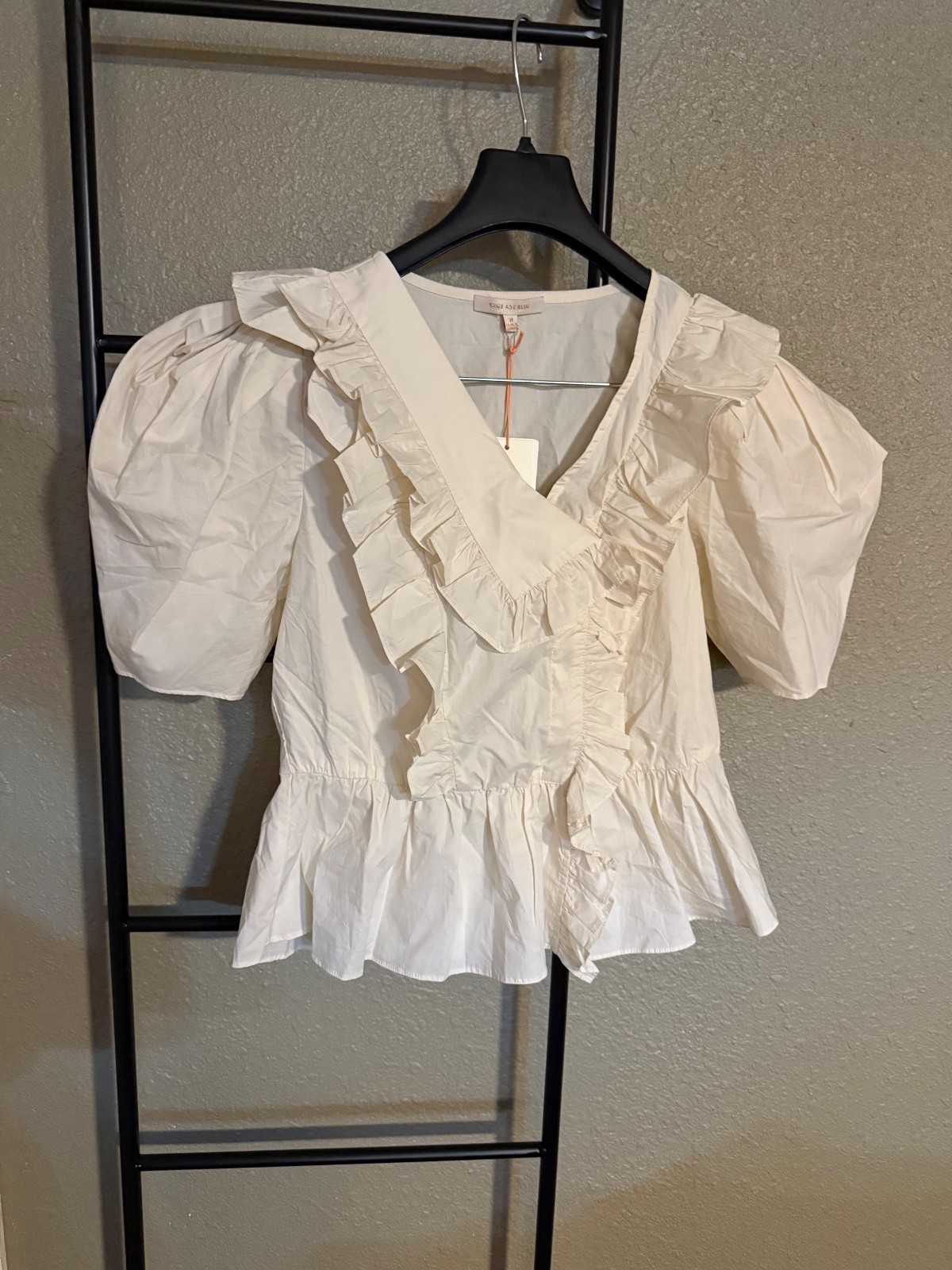 Skies Are Blue Grace Cream Ruffle Detail Puff Sleeve Blouse, Size Medium