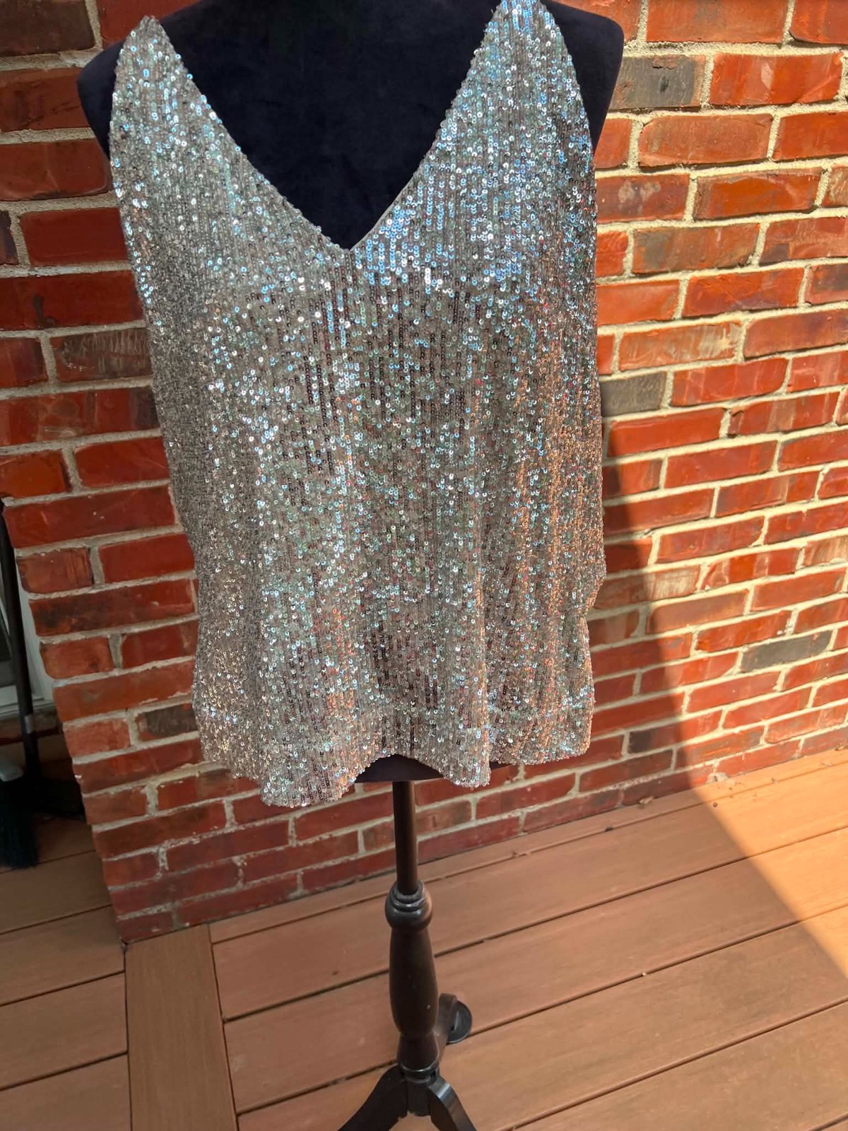 Gianni Bini Silver Sequin Tank Top with Spaghetti Straps Size L
