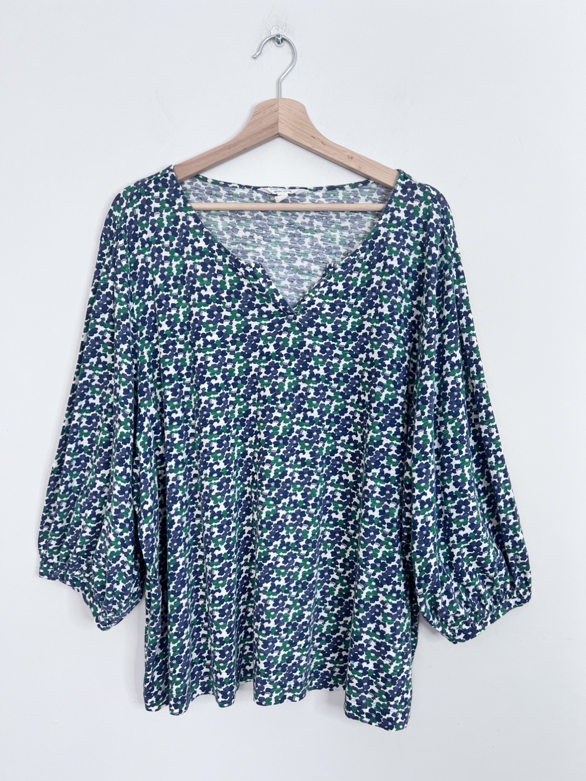 Seasalt Crayon Top Floral White Green Blue UK 22 Cotton 3/4 Balloon Sleeves
